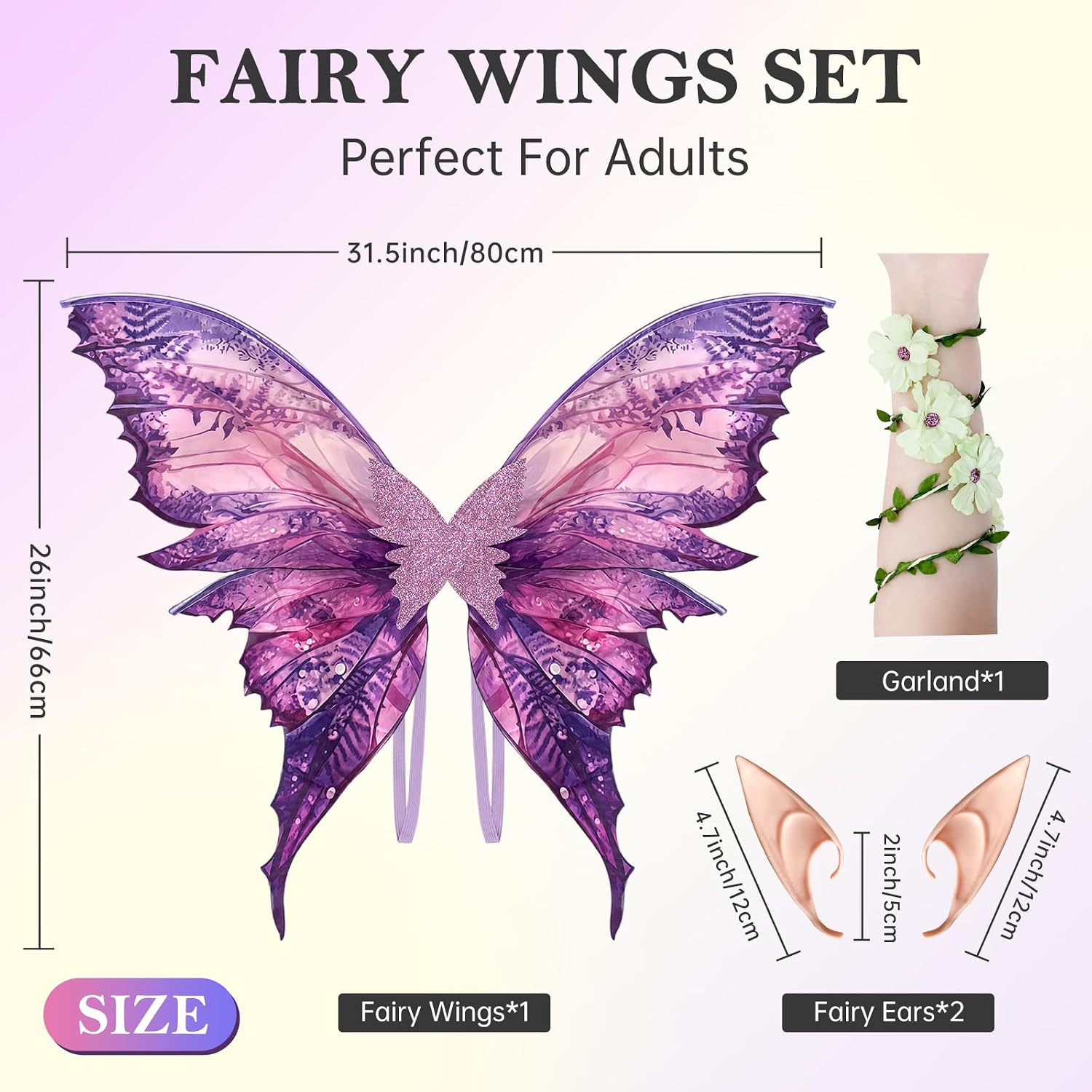 Fairy Wings for Adults Women Fairy Costume with Elf Ears and Fairy Flower Arm Wrap for Halloween,Cosplay image 2