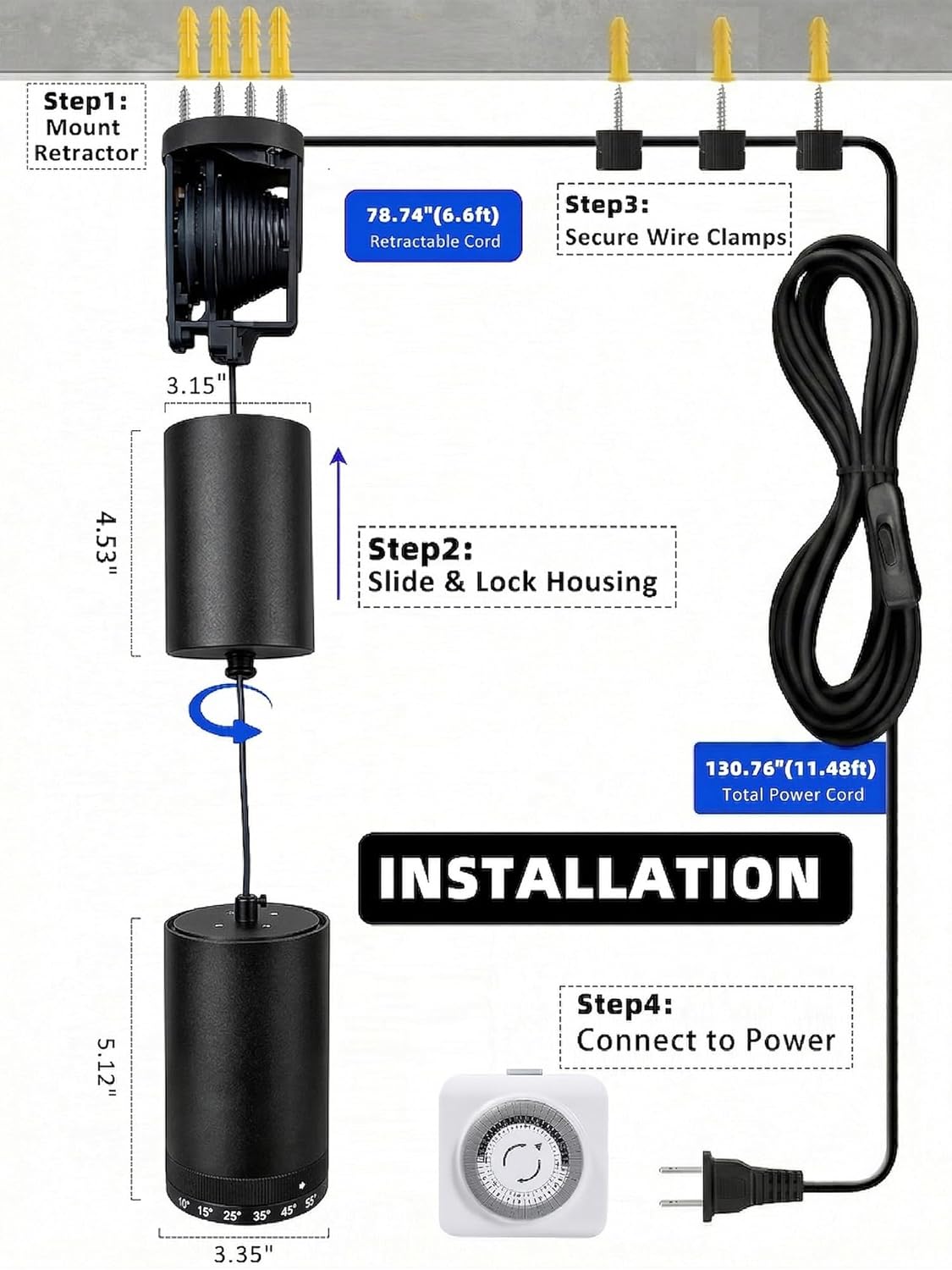 Retractable Hanging Grow Light for Indoor Plants, 35W High-PPFD Full Spectrum Pendant with Mechanical Timer, Adjustable Beam Angle (10°-55°) & Height, CRI 98+ LED for Seedlings to Trees