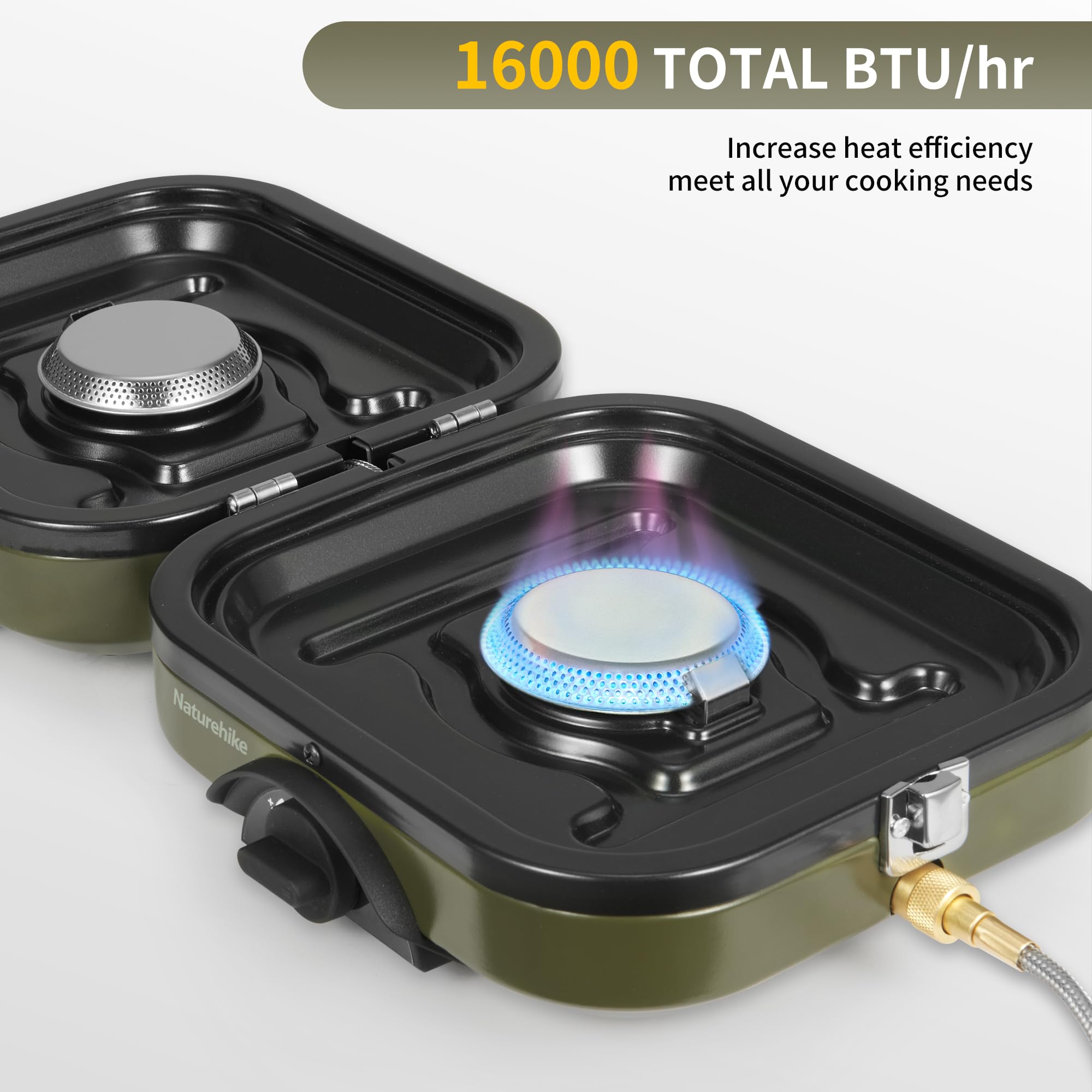 Naturehike Réchaud à gaz de camping pliable 2 en 1 avec plaque de gril, réchaud à gaz portable, 2 brûleurs réglables, allumage piézoélectrique, compatible avec mélange de carburant isobutane