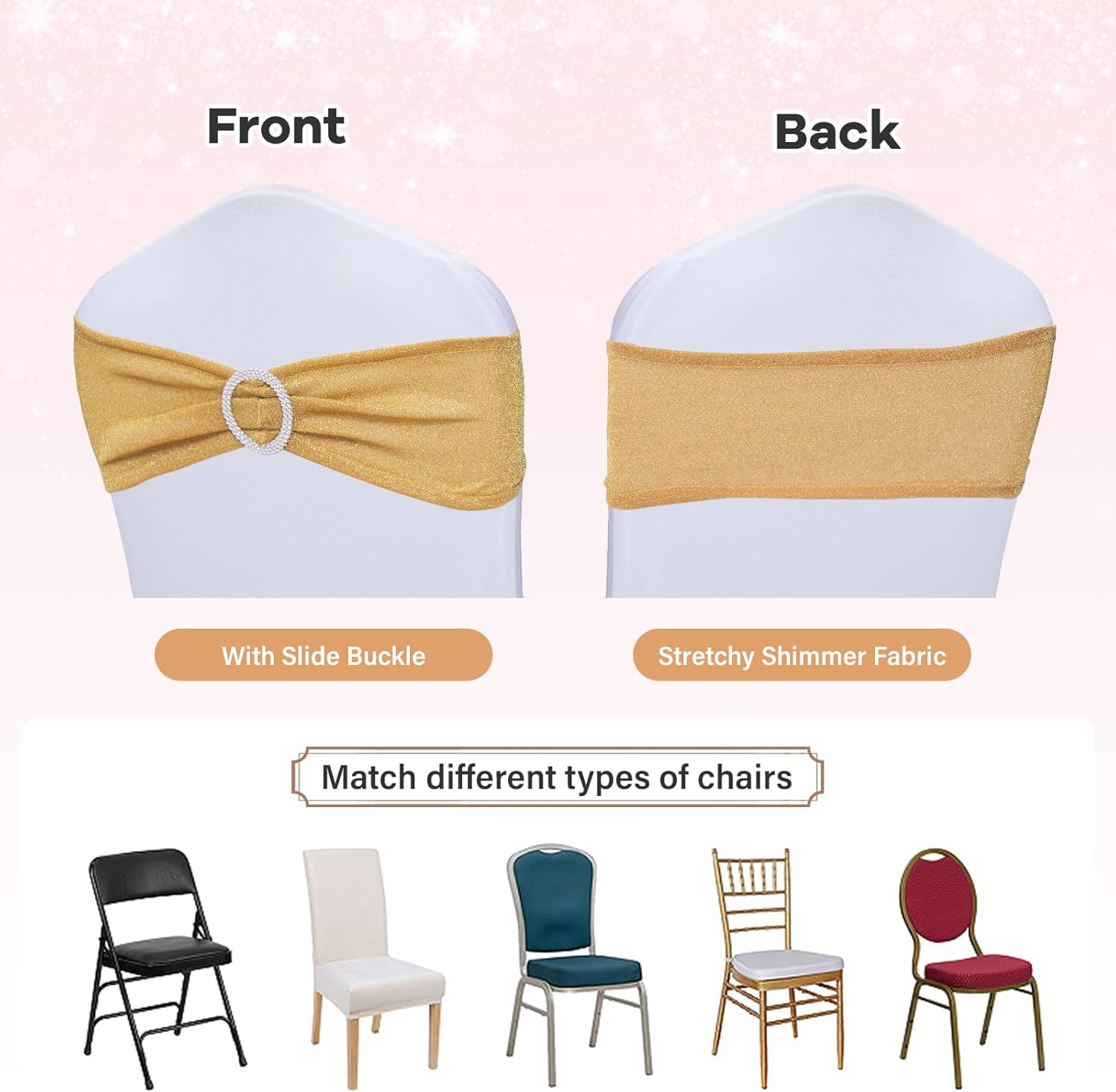 SquarePie Pack of 50 Gold Chair Sashes Bows with Buckle Slider Universal Elastic Spandex Bands Ties for Banquet Event Decor