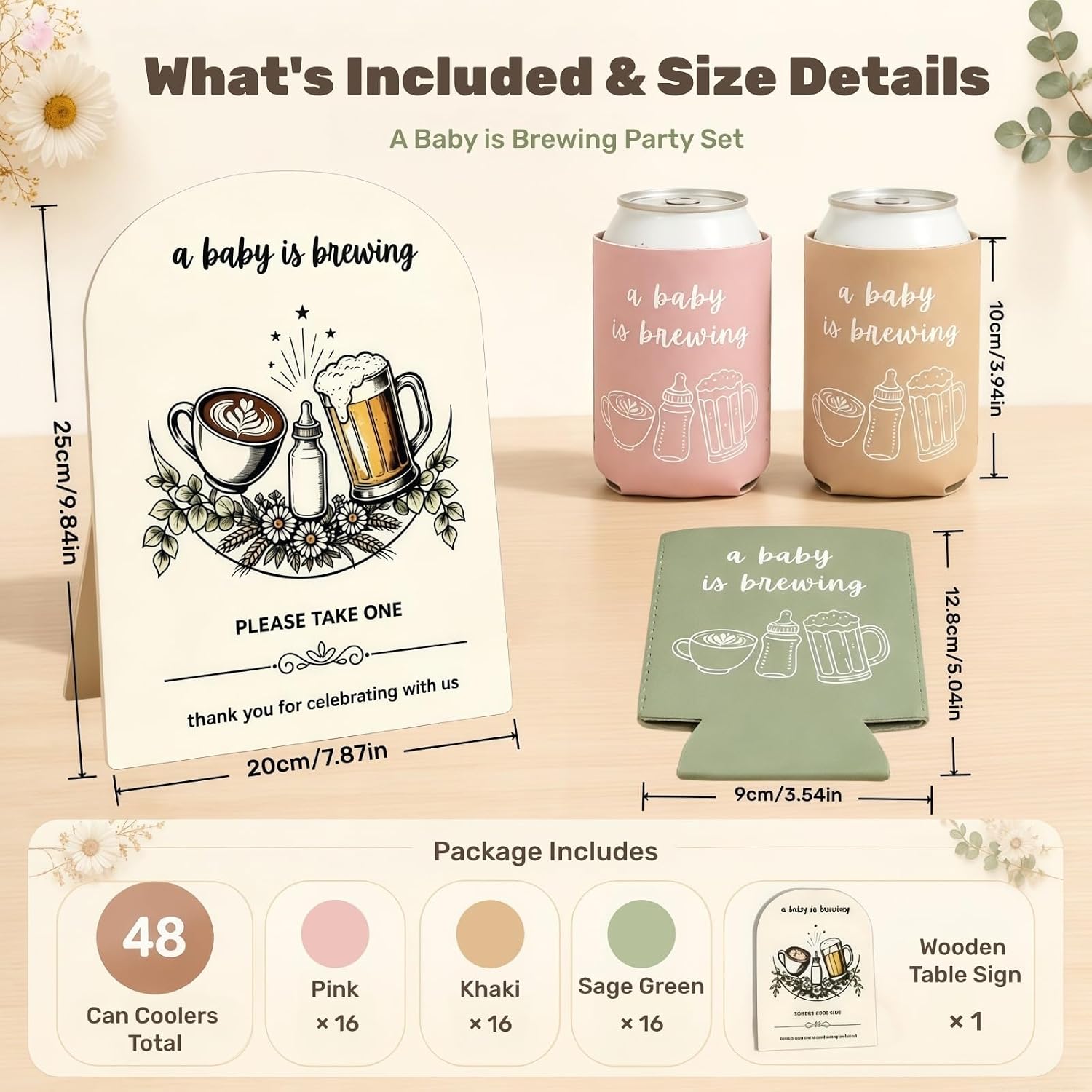49 Pcs A Baby Is Brewing Baby Shower Favors for Guests, Can Cooler Sleeves