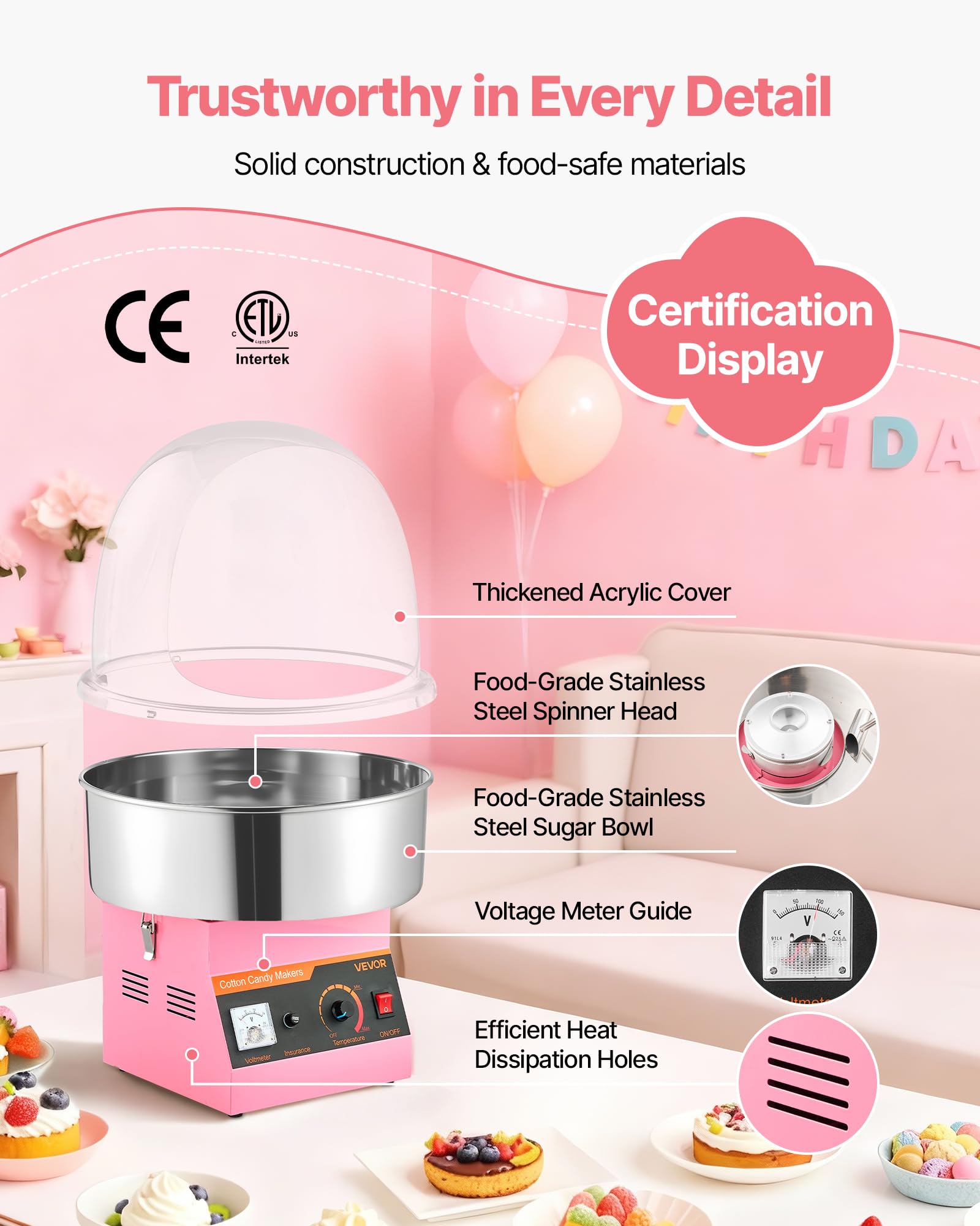 VEVOR Machine à Barbe à Papa Électrique de 1000 W, Appareil à Barbe à Papa avec Couvercle Transparent, Bol en Inox et Cuillère à Sucre, pour Faire des Bonbons Fêtes Anniversaires Maison, Rose