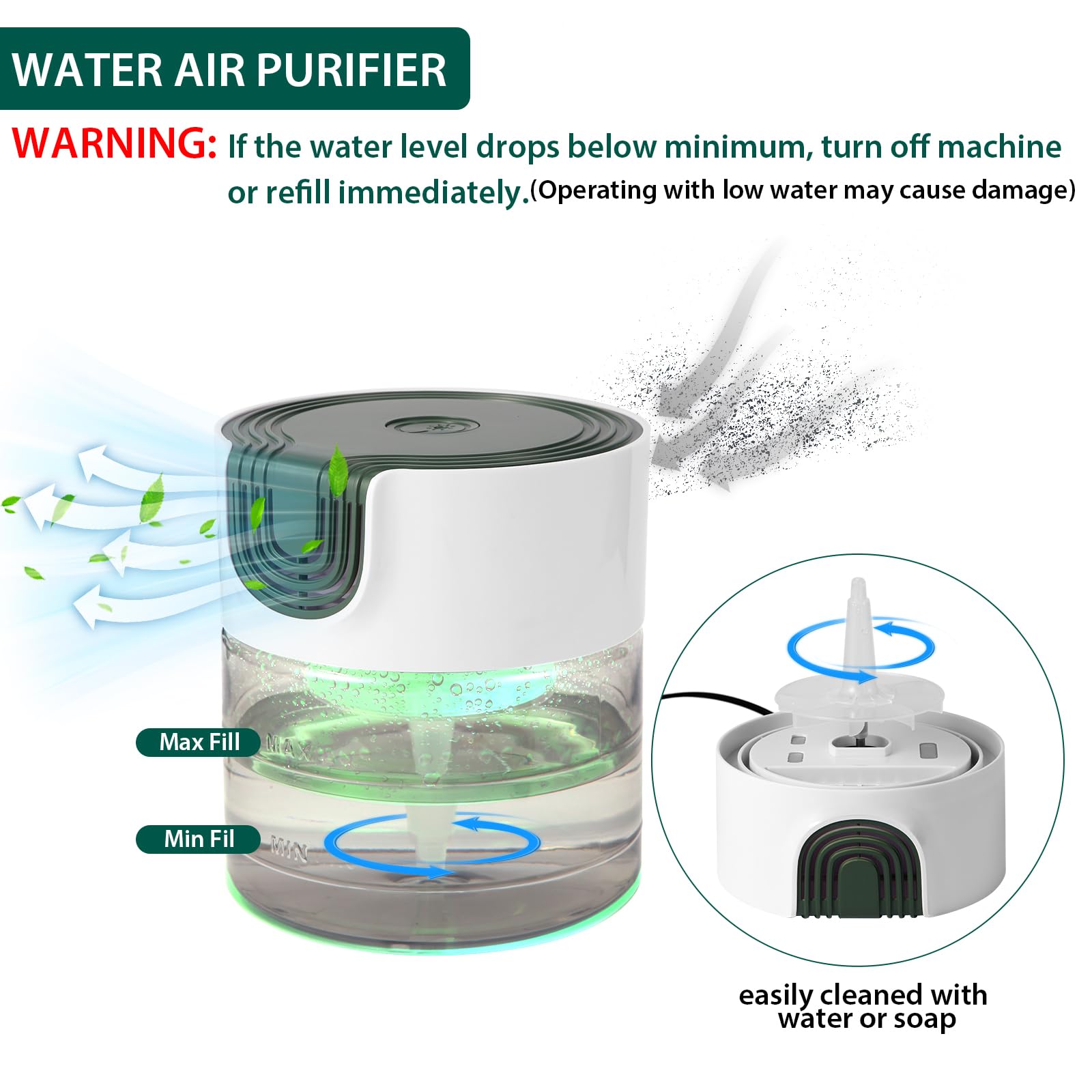 Purificadores de aire de agua para el hogar, purificador de aire silencioso a base de agua de velocidad variable con luz nocturna de 7 colores, humidificador de hidrolimpiador, aceites 3
