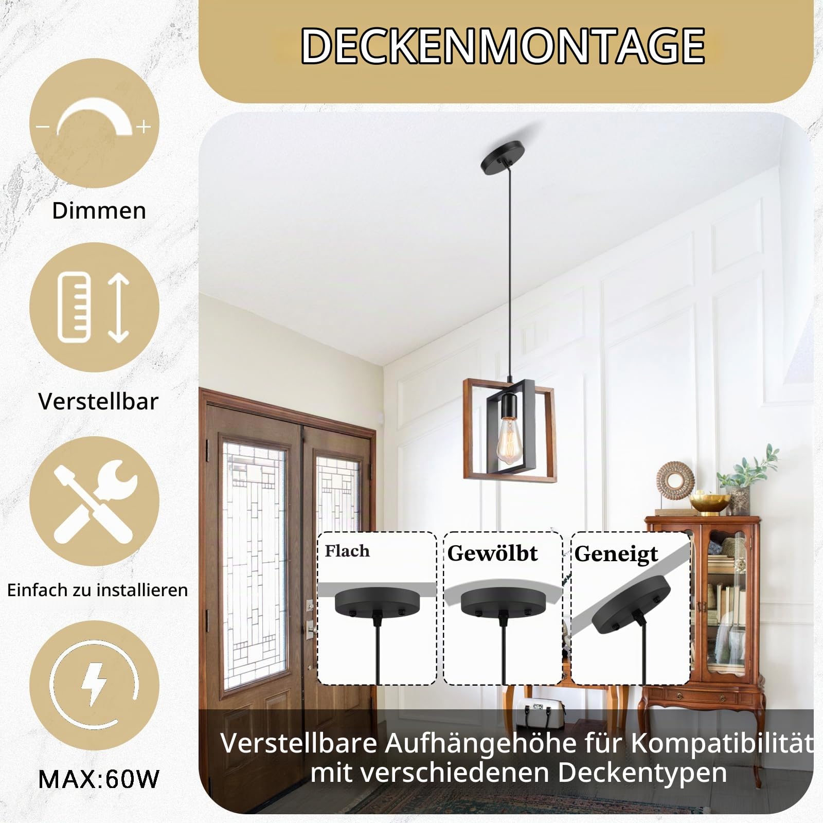 Moderne 1-flammige Holz-Metall Hängelampe E27 Schwarz für Esstisch