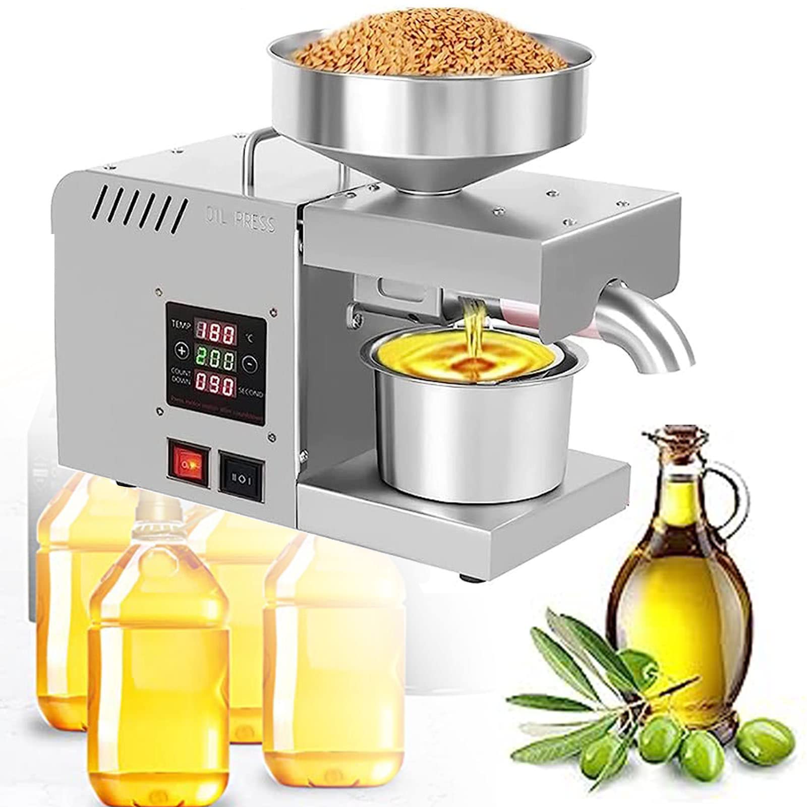 Prensa de Aceite Automática de Acero Inoxidable, Prensa Fría & Caliente, Sistema de Temperatura Constante, Ideal para Oliva, Coco, Girasol, Nuez, Sésamo, Lino y Más,220V