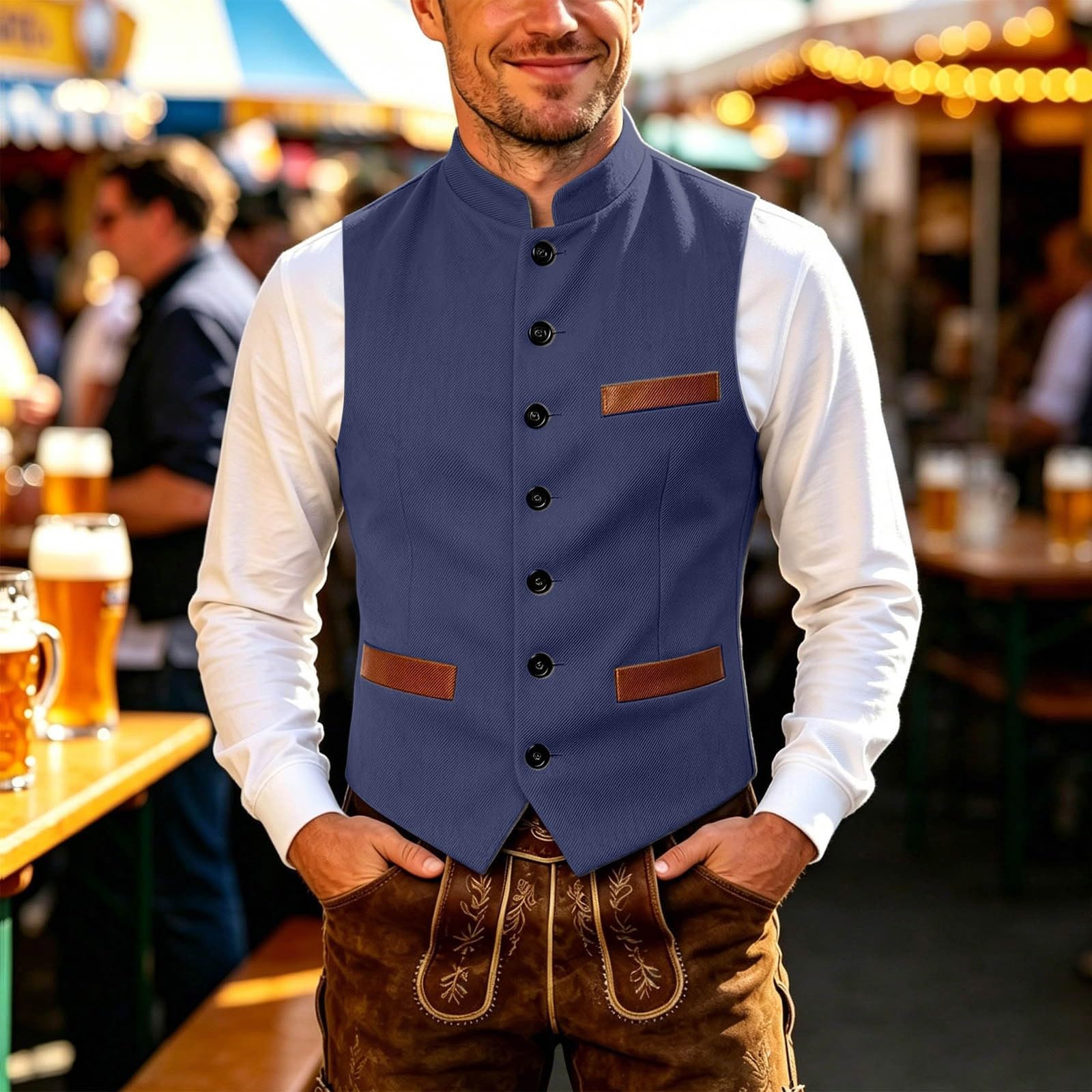 Gilet tradizionale da uomo per Oktoberfest, con colletto alto, elegante gilet da lavoro, gilet vintage, senza maniche, elegante per Oktoberfest, matrimonio, musica