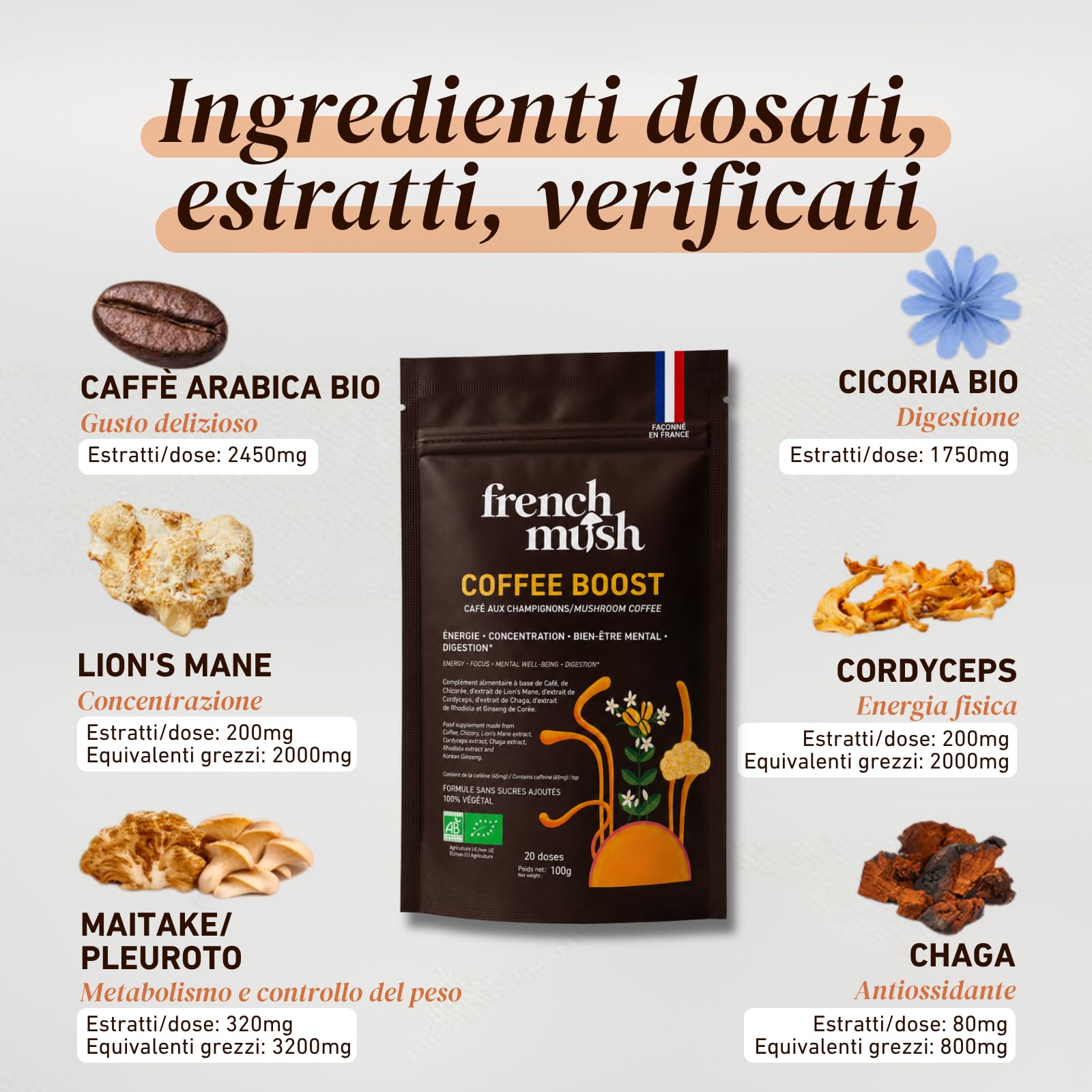 French Mush BOOST - Caffè Bio con Funghi | Caffè, Cicoria, Lion’s Mane, Chaga, Maitake & Pleurotus | Bevanda Vegetale - Senza Zuccheri Aggiunti - Prodotto in Francia - 20 Dosi