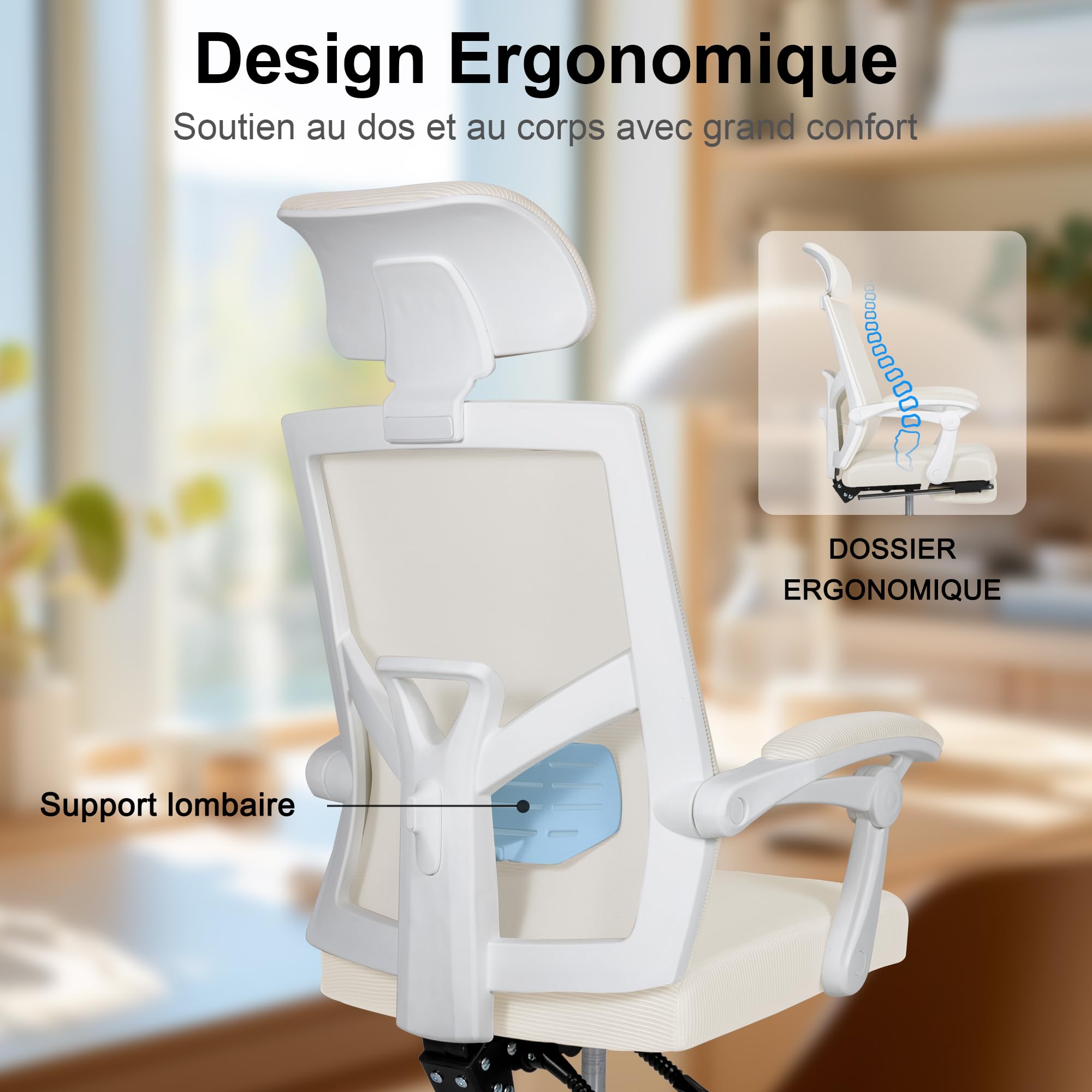 UEV Chaise Bureau Ergonomique, en Maille Respirant, Capacité 136kg, Beige