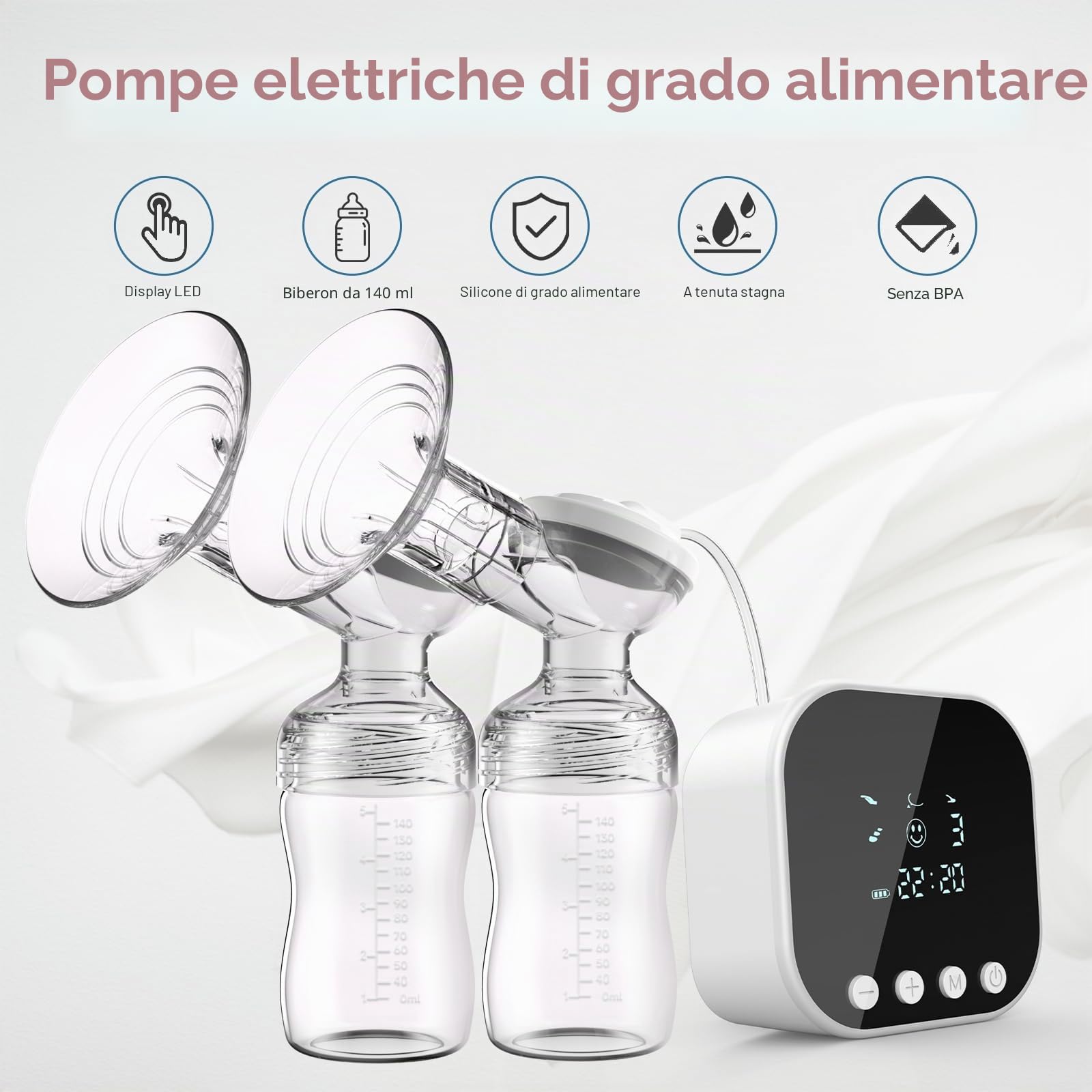 Lulia Tiralatte Elettrico, 4 Modalità e 9 Livelli, Forte Aspirazione, Anti-riflusso, Portatile Tiralatte Latte, Pompa per allattamento senza dolore, Display LED, Senza BPA