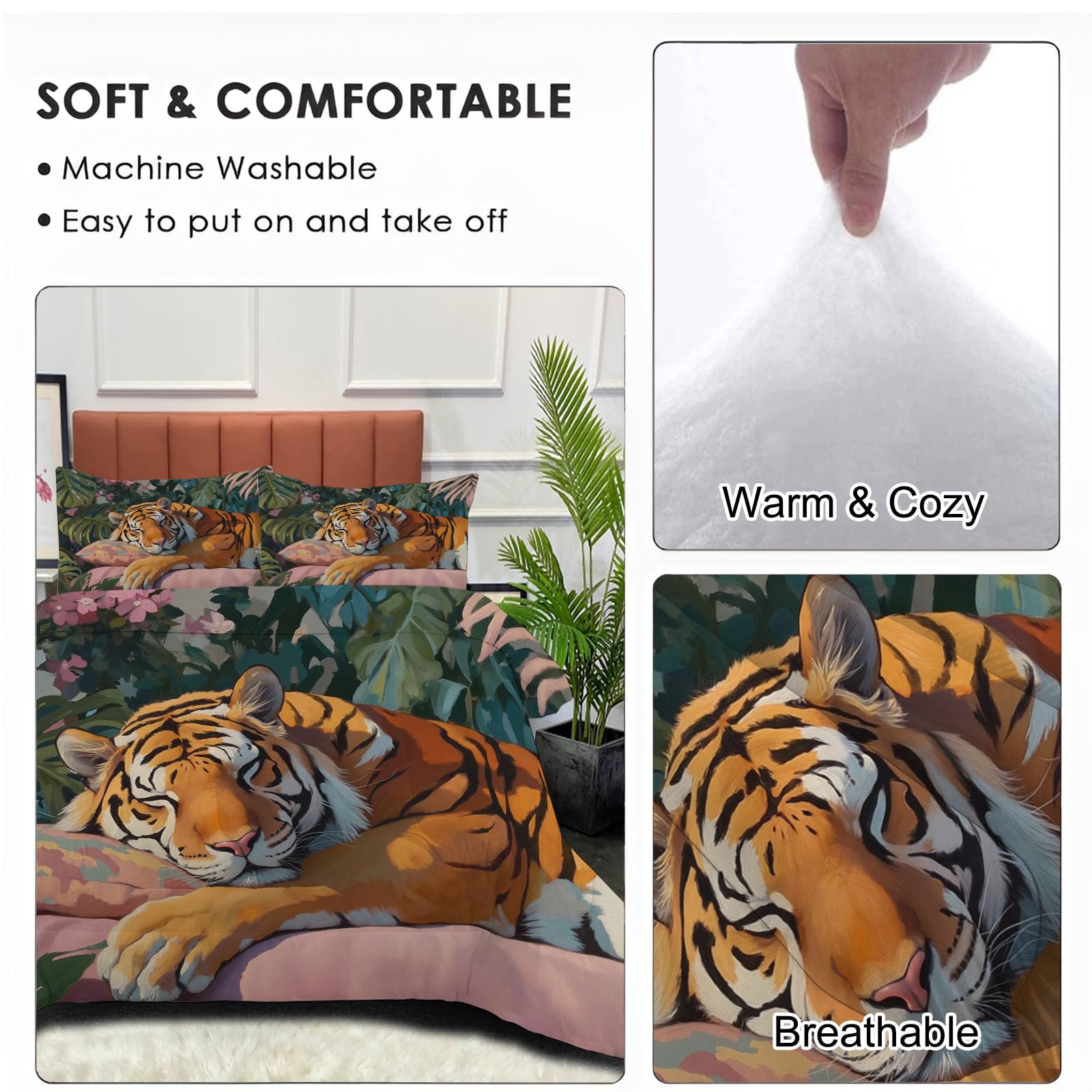 Trapunta Letto Matrimoniale 4 Stagioni Piumone per Bambini, Tigre Addormentata Leggero Acquerello Tropicale Giungla Set di Biancheria da Letto 200x200cm con 2 Federe,Piumino Lavabile In Lavatrice