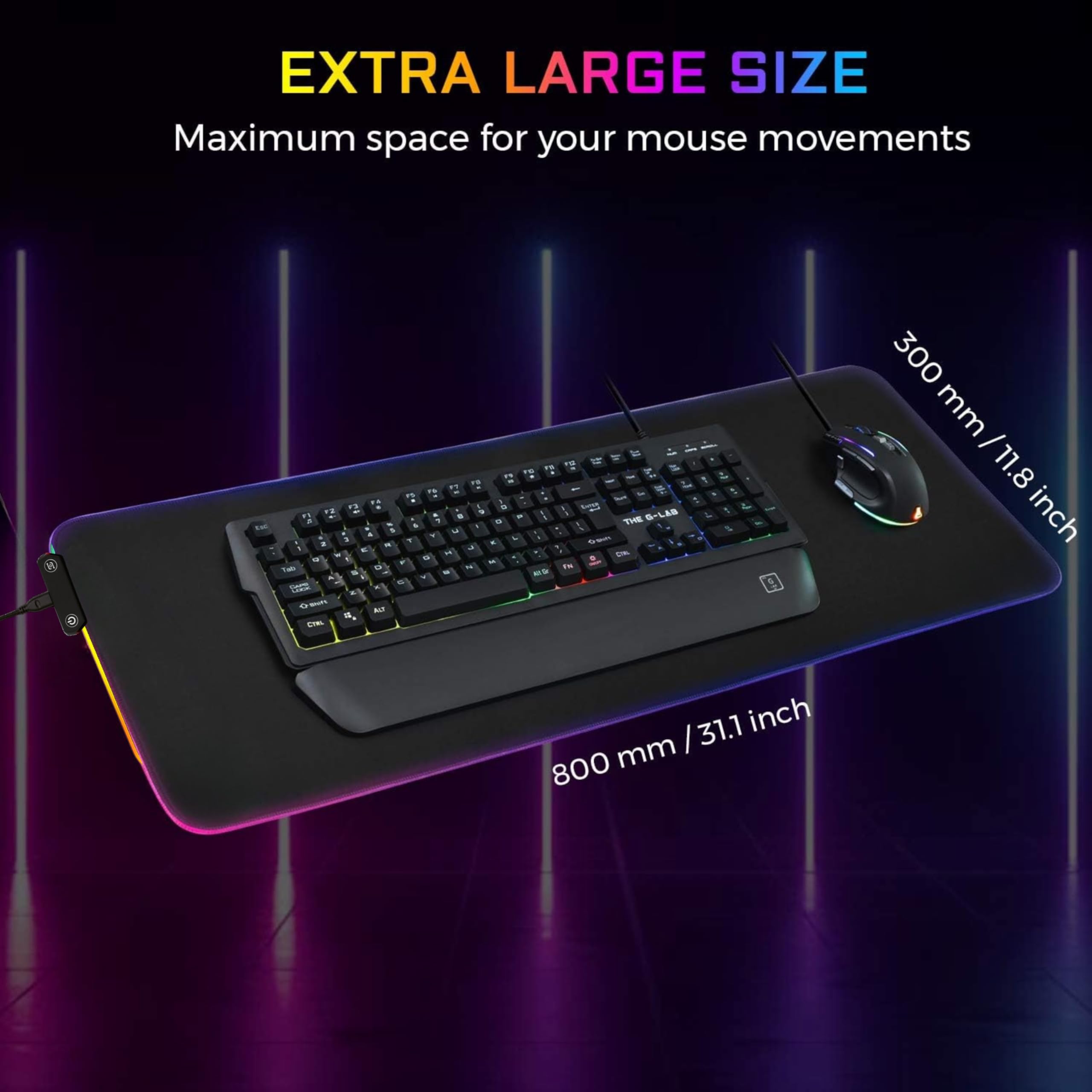 THE G-LAB Pad RUBIDIUM - Tappetino per Mouse RGB - Tappetino per Mouse Gaming XXL - Retroilluminazione LED, Resistente All'Acqua, Tessuto D'Elevata Precisione, Base In Gomma Antiscivolo, 800x300x3mm
