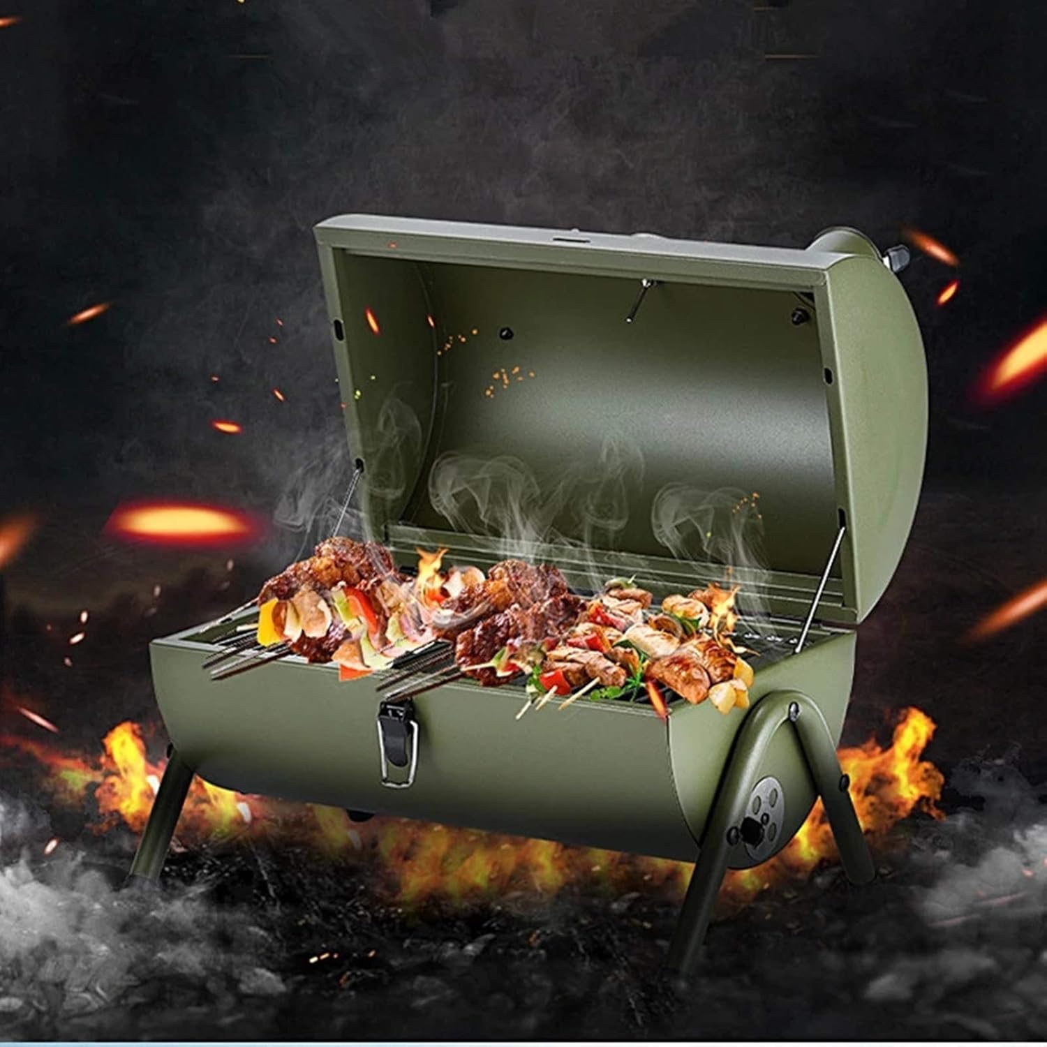 Barbecue Grill Portable Iron BBQ Grill Stove Outdoor Camping Charcoal Stove with Vent Barbecue Burning Grills Charcoal Barbecues (Color : Red, Size : 30x45cm) (Green 42x29x37cm)