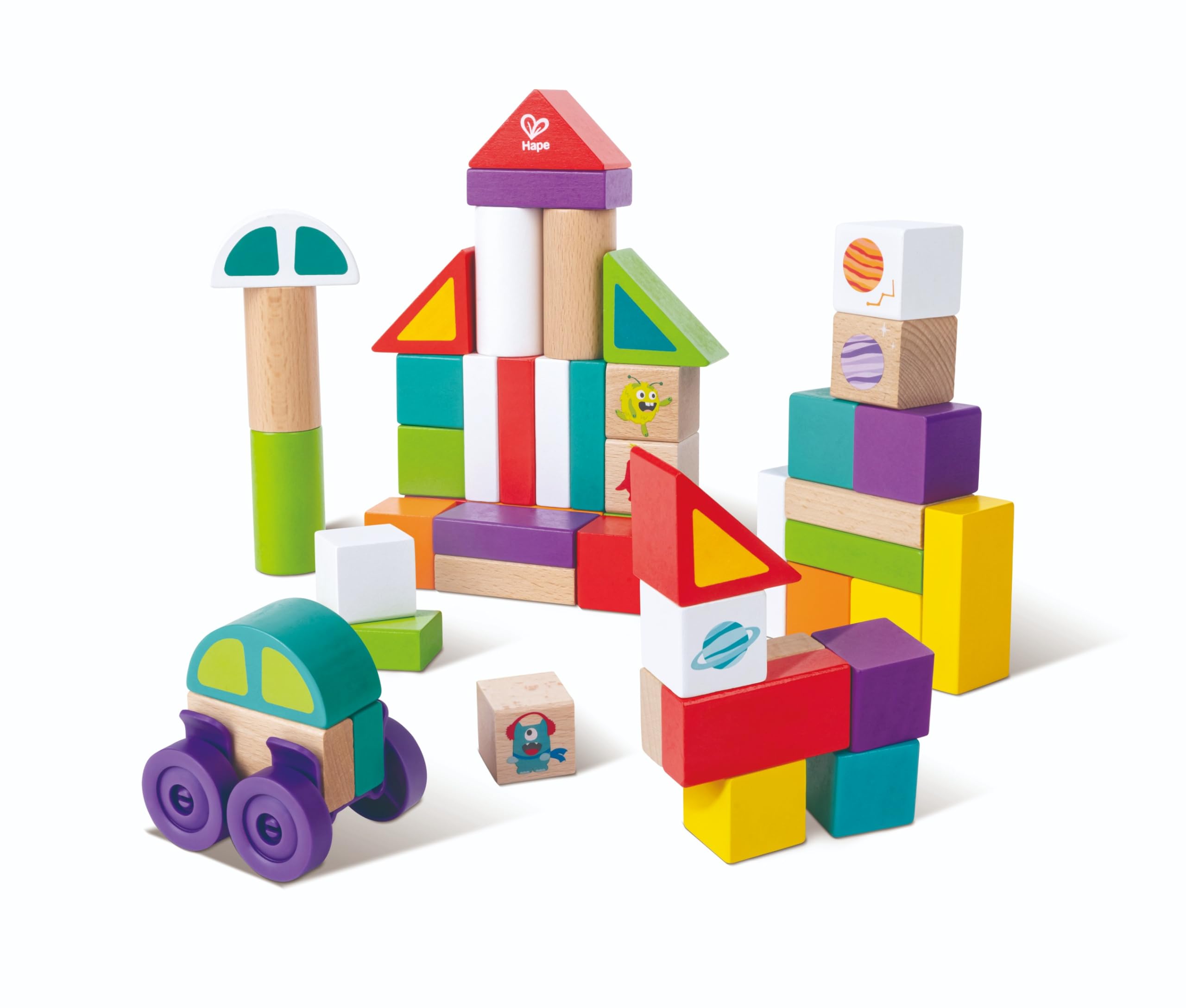 Space Monster Stacking Blocks | 50-Pcs Space-Themed Wooden Blocks with Wheels | Creative Construction Toy for Toddlers | Develops Motor Skills, Spatial Reasoning, and Shape Recognition Age 12M+