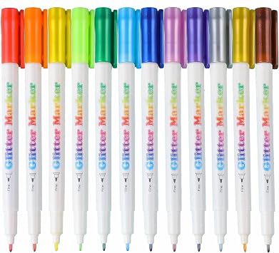 Sunshilor Glitter Markers Highlighter Pens Fine Point Fluorescent Color for Journaling Coloring Drawing Lettering Scrapbook Crafts