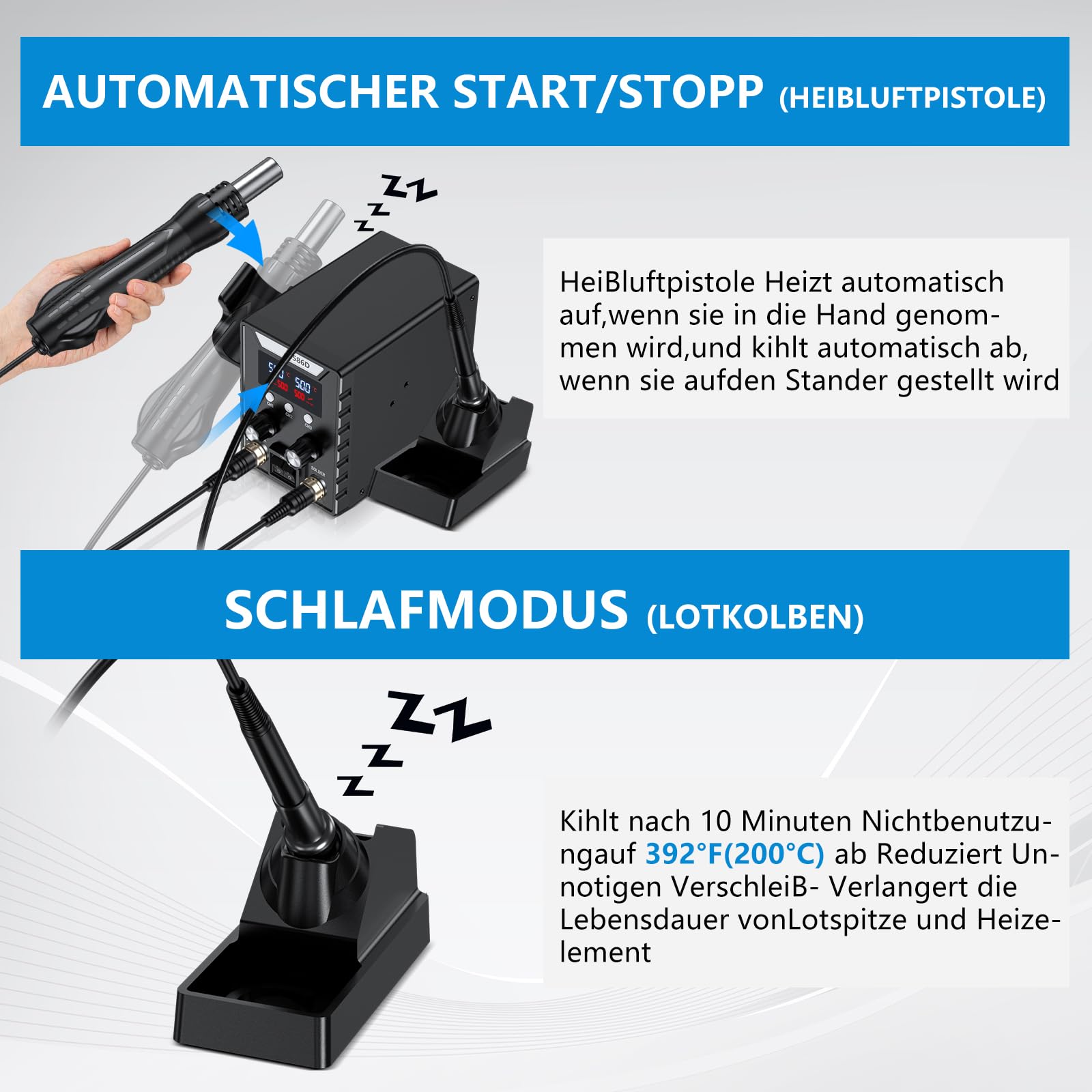 Lötstation, Heißluft Lötstation 2 in 1 Lötkolben Set 60W Soldering Station Entlötstation,Lötkolben 180-500℃,Lötset für Enthält 5 Schweißköpfe 3 Heißgasdüsen 2 Pinzen
