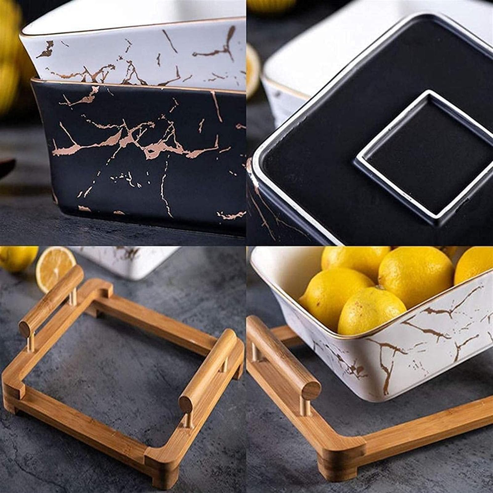 Suppenschalen, Ramen-Schalen, Obstschalen, Keramik-Salatschüssel, Marmor, quadratischer Obstkorb mit Holzhalter, Gebäckteller, Steakteller, for Gemüse- und Obstsalat, Haferflocken, Milch, Weiß ( Color