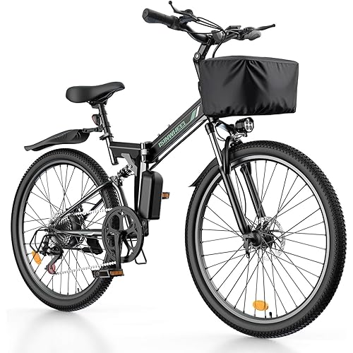 isinwheel M40 Folding Electric Bike for Adults 500W Ebike with Basket, Dual USB Charging Ports, Full Suspension, 7 Speed Gearshift, 20mph Foldable Electric Bicycles, 26" Electric Mountain Bicycles