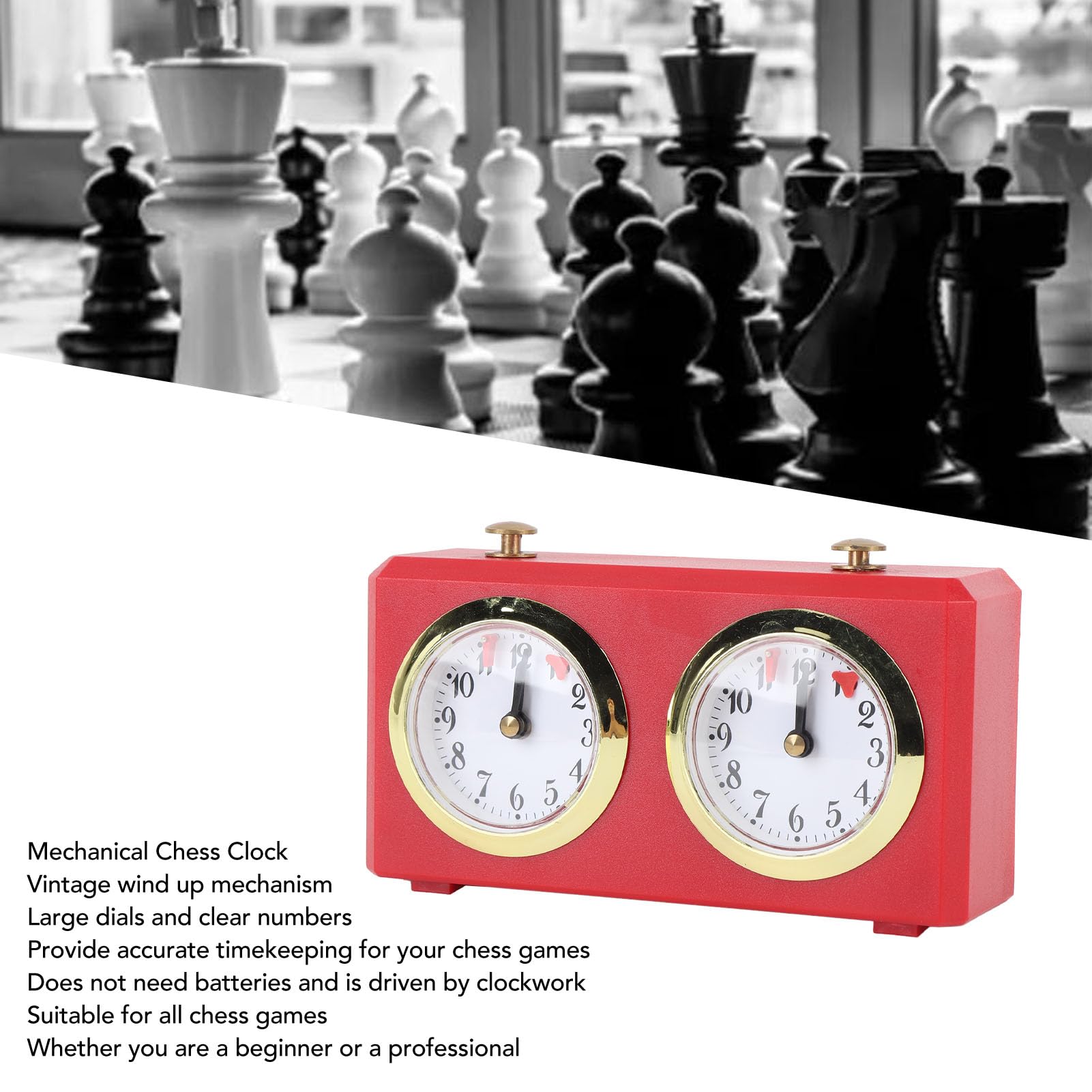 Pilipane Schachuhr Analog, Professioneller Analog Chess Clock, Uhrwerk Angetriebener, Großes Zifferblatt und Klare Markierungen, ABS Material, für Turnier Brettspiel, Schach (Rot)