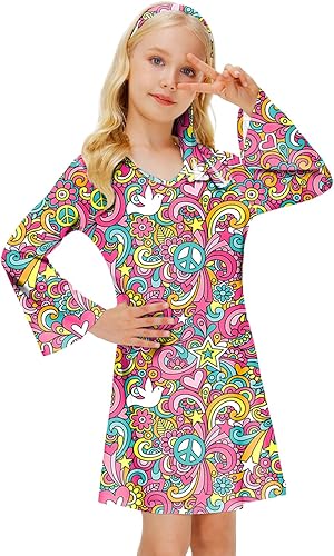 Deerose Vestidos hippie de los años 60 y 70 con diadema, vestido estampado floral Groovy de 5 a 14 años