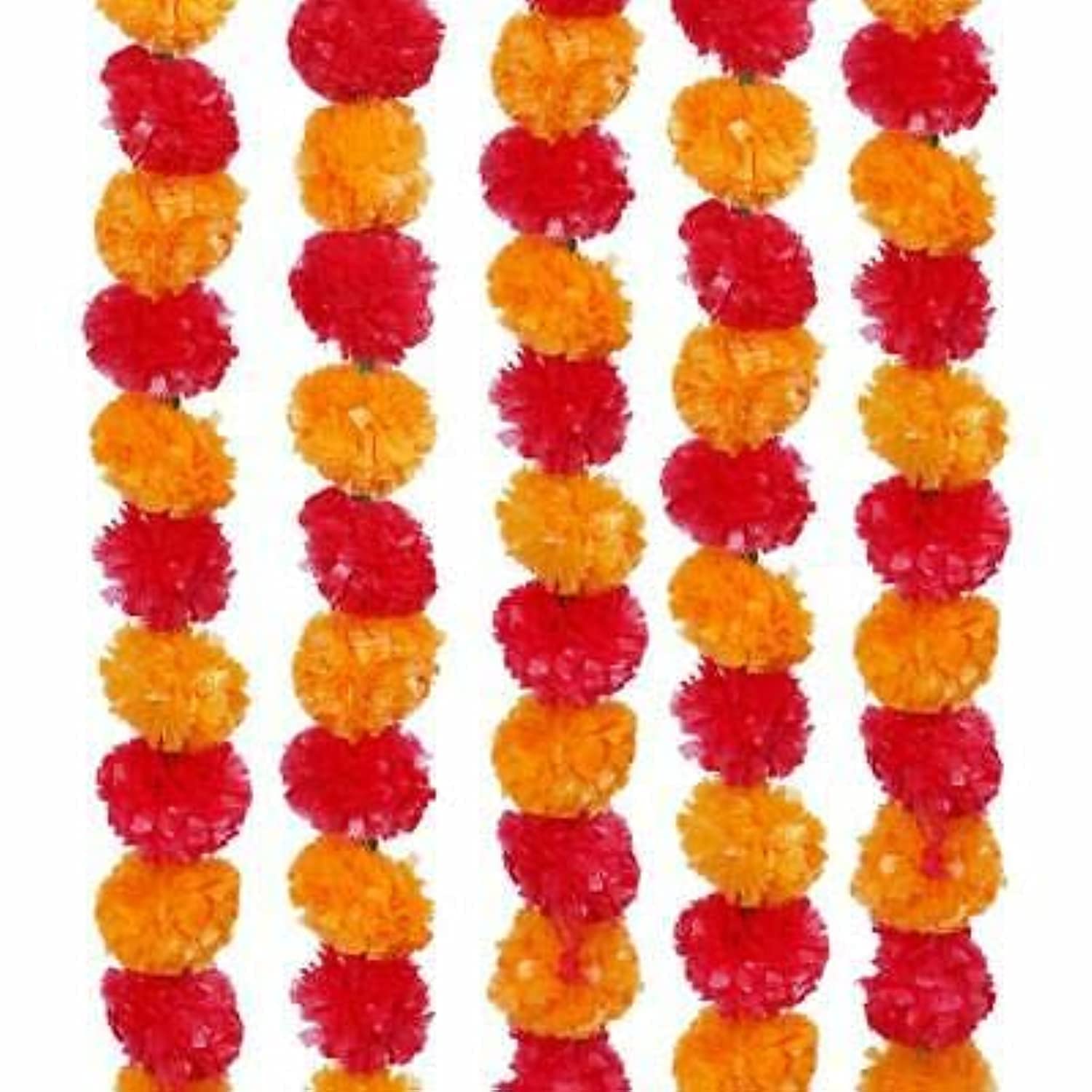 Shreeji Pack of 5pc Strings Artificial Marigold Flowers for Home Decoration, Diwali, Ganesh Festival Decoration Color Combo Light Orange (Mango) & Dark Orange Pack of 5 Piece