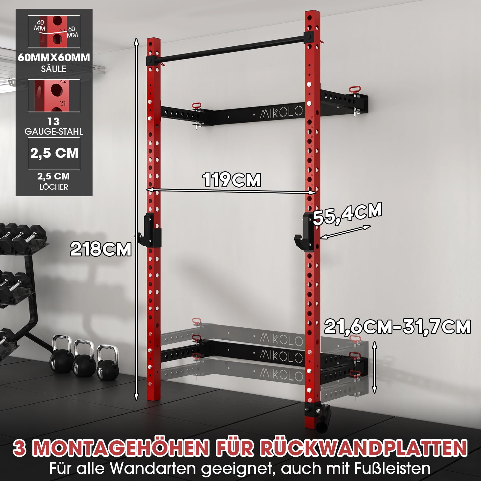 Wand Squat Rack Klappbar, Power Tower mit Landmine, Power Rack mit Klimzugststange Für Wand, Kraftstation für Zuhause，Half Rack 455kg Belastbar