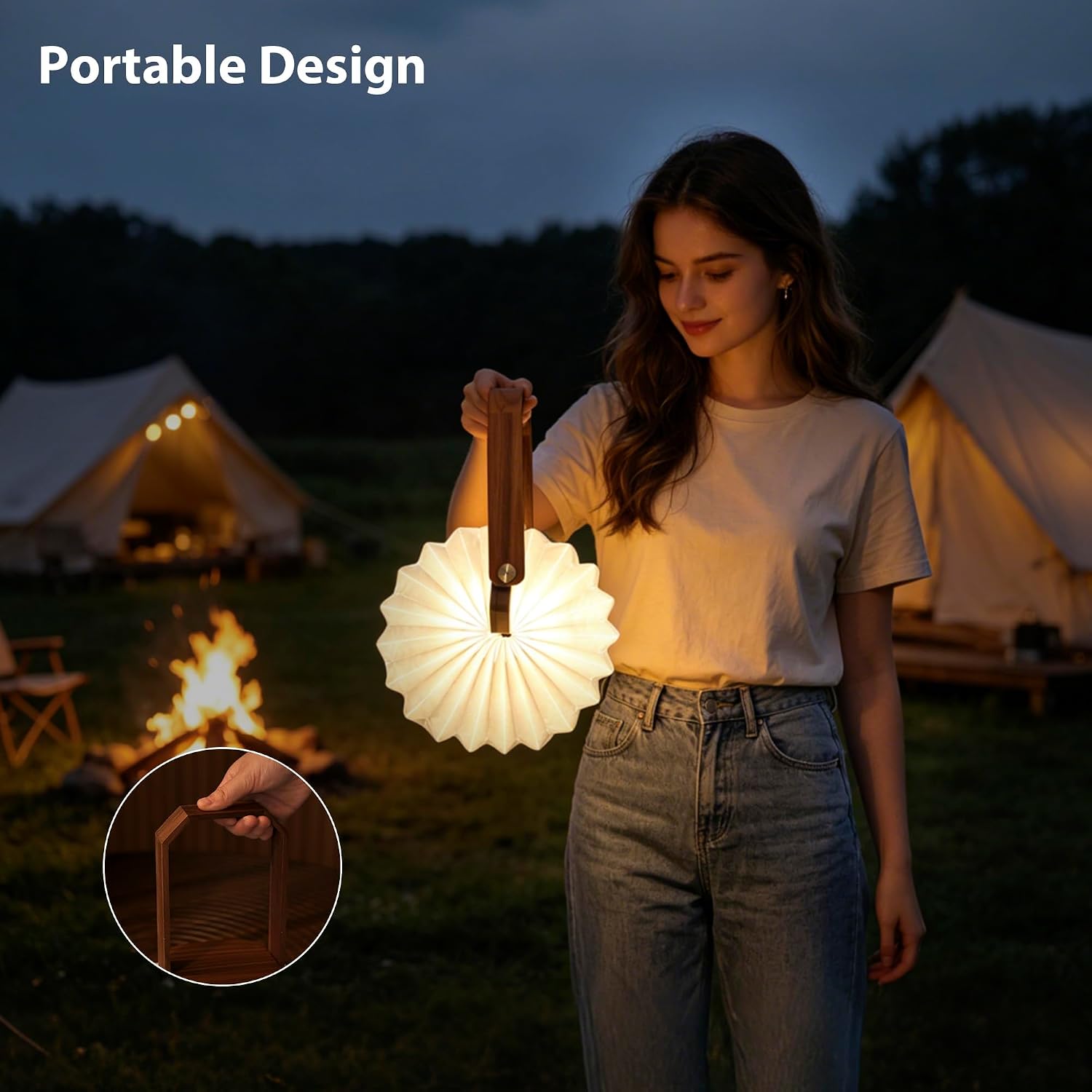 Foldable Japanese Style Lantern, 1200mAh Rechargeable, 4-6H Runtime, 2-in-1 Handheld & Table Lamp, Soft Warm Light, Outdoor Camping Travel Gear, Home Decor & Gift (Walnut)