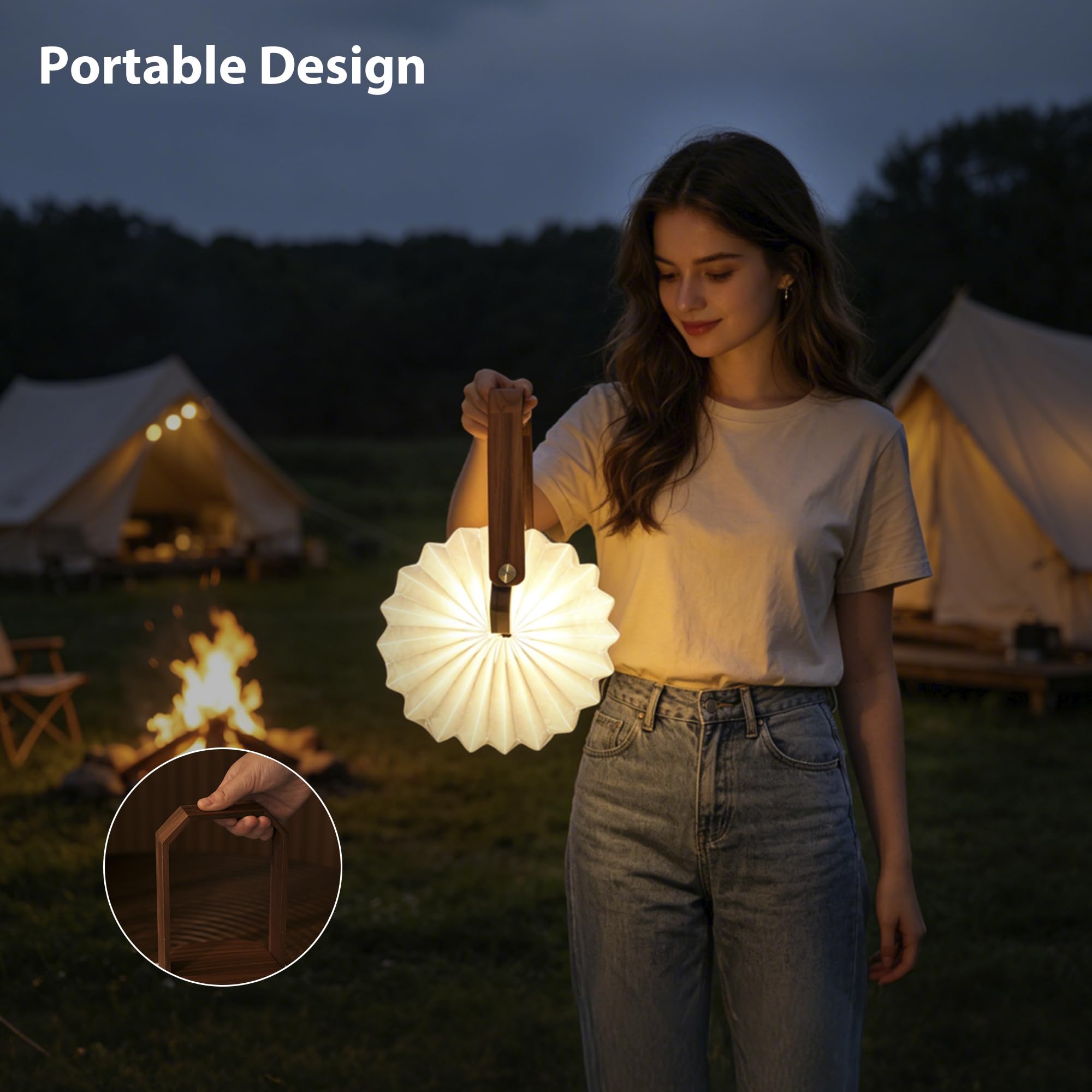 Faltbare Laterne im japanischen Stil, 1200 mAh wiederaufladbar, 4–6 Stunden Laufzeit, 2-in-1 Hand- und Tischlampe, weiches warmes Licht, Outdoor-Camping, Reiseausrüstung, Heimdekoration (Walnuss)