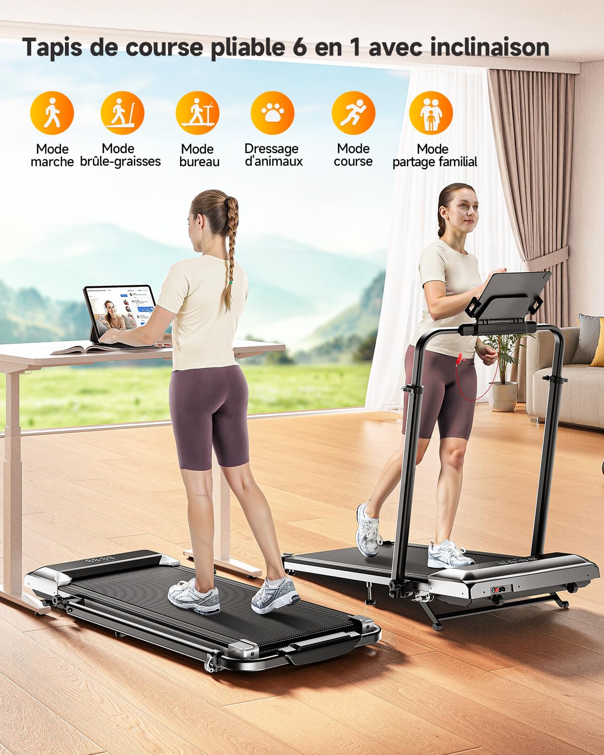 Tapis de Course 6 en 1, Pente 1%-6%-12%, Vitesse 12km/h, Hauteur de la Colonne Montante télescopique 115CM, Angle de la Colonne Montante 95°-105°, 2.5 HP, Compact