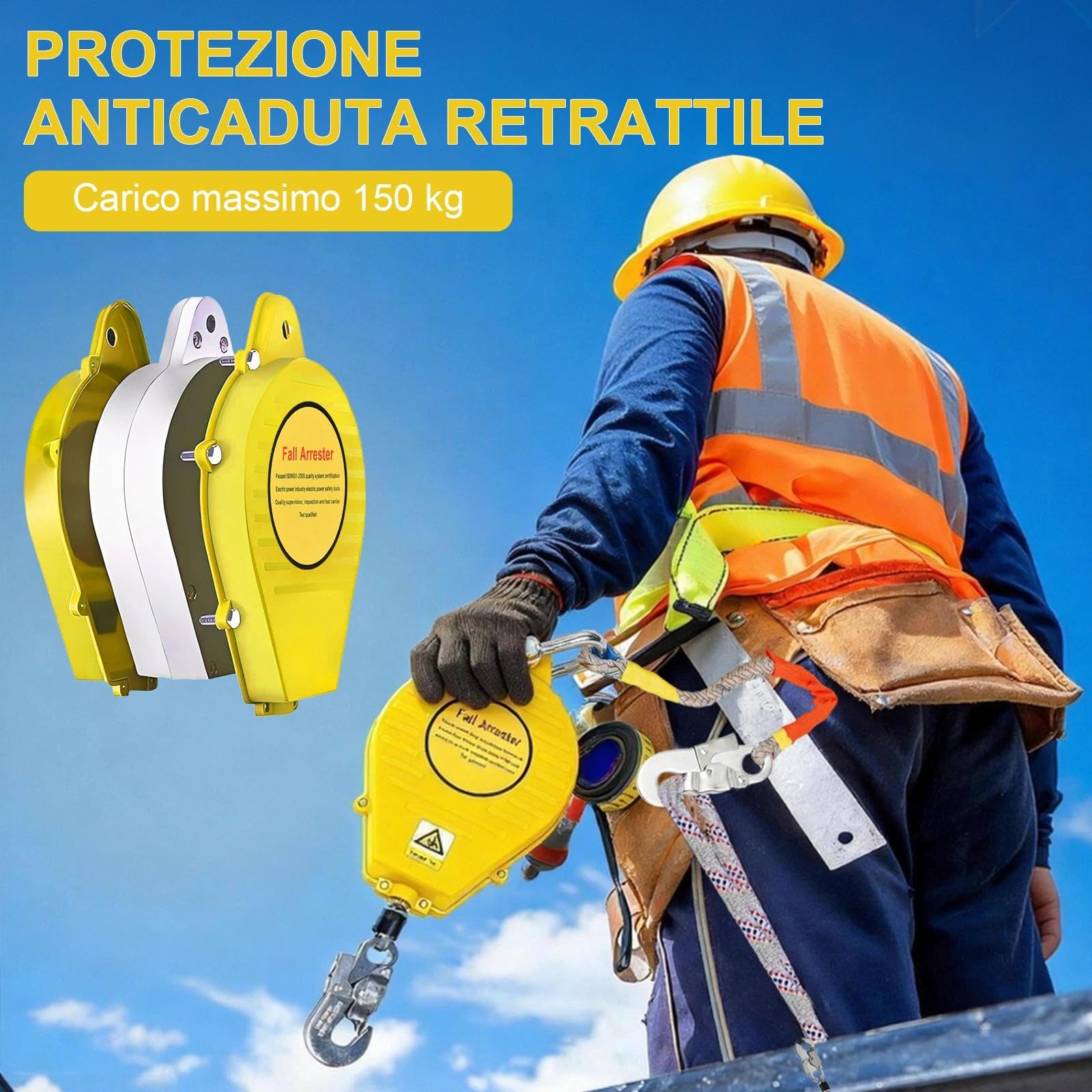 Dispositivo Anticaduta Retrattile 3-20M, Imbracatura Sicurezza Anticaduta Lavori in Quota, Richiamo Automatico e Gancio Autobloccante per Edilizia Tetto Elettrica(Giallo,10m)