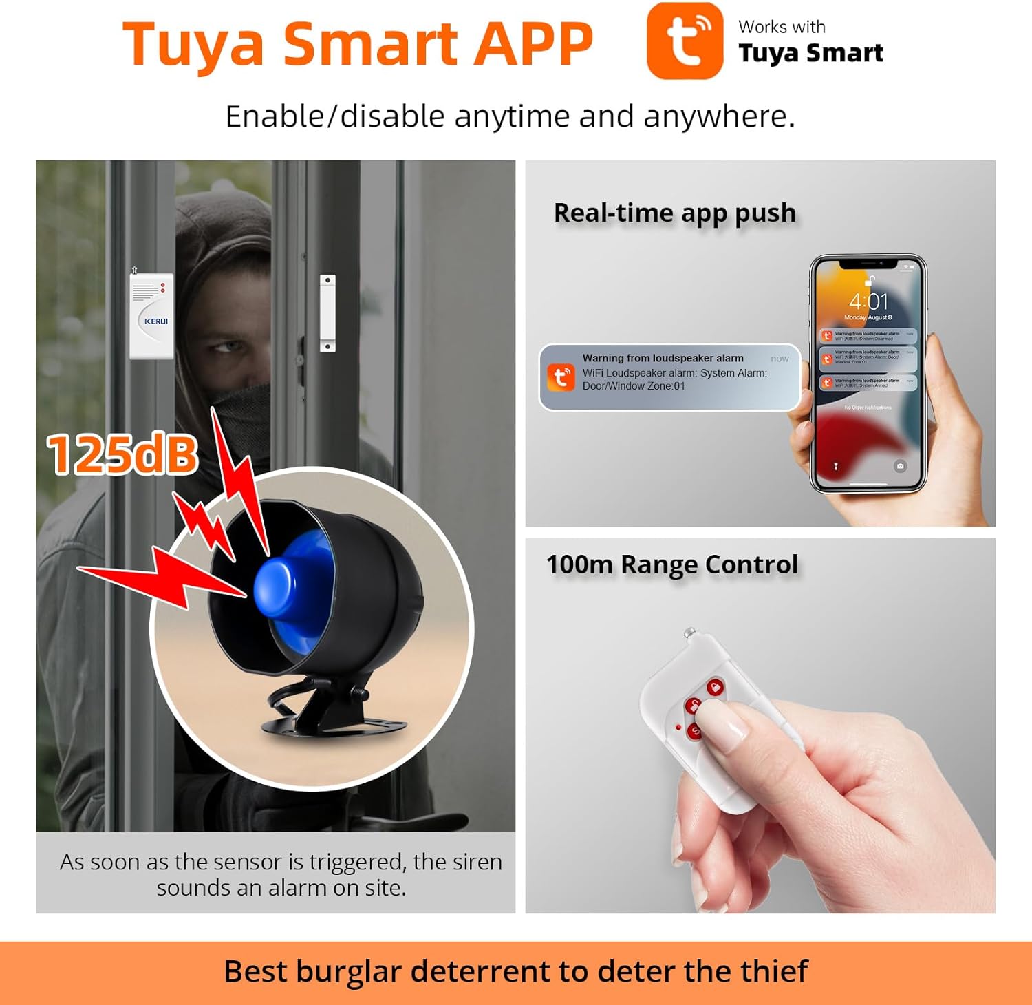 Image showing a door/window sensor installed on a door frame with the siren sounding an alarm.