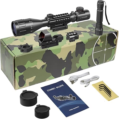 Vista 22 de 4-16x50AO Combo de alcance de rifle rojo/verde doble iluminado con láser verde 4 retículas holográficas punto rojo 5 modos linterna para montaje