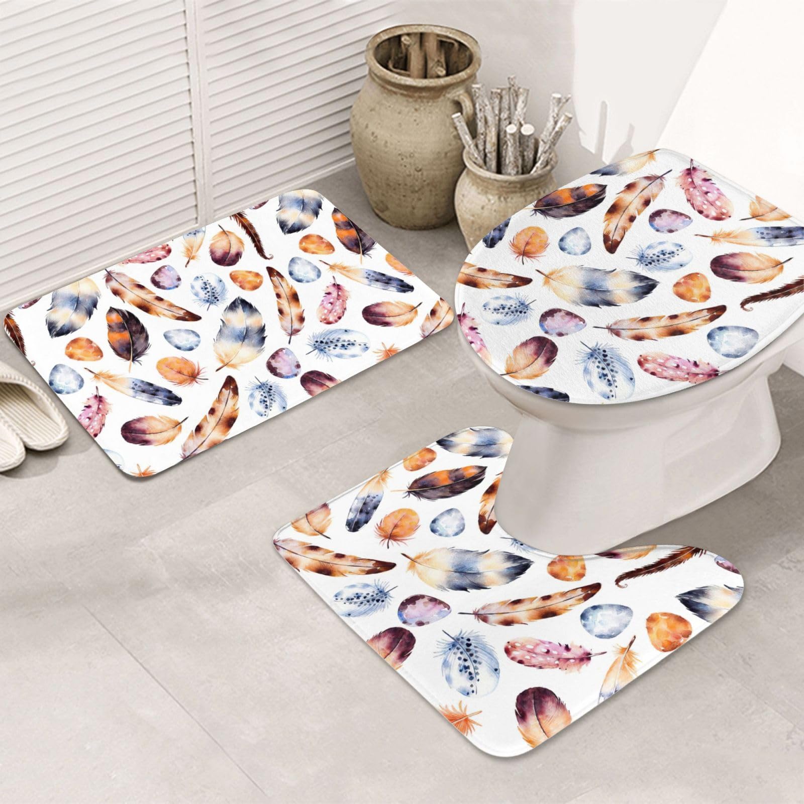 BREAUX Tapis de sol antidérapant imprimé plumes de paon coloré, tapis de sol de salle de bain antidérapant couverture de douche 3 pièces