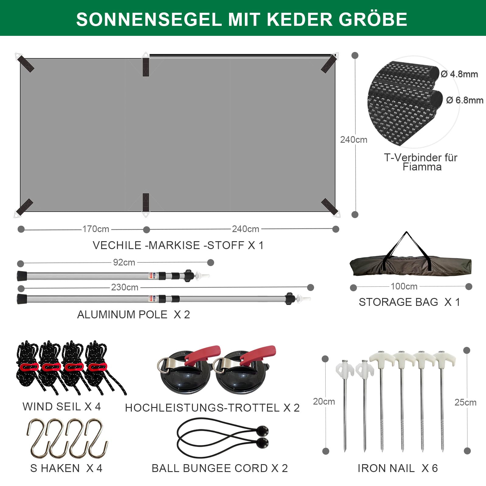 SHADPLUS Auto Markise,Sonnensegel Auto mit Seitenwänden,Sonnensegel Mit Keder,2 Keder mit Ø 4.8& 6.8mm，Wasserdicht Auto Vorzelt geeignet für SUV, Van und Kleiner Wohnwagen, Keder oder Saugnapf Montage
