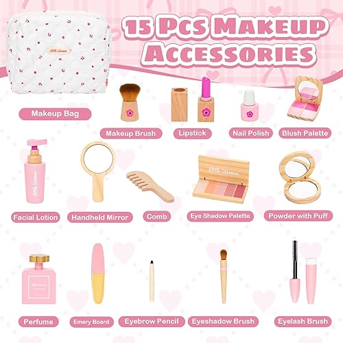 Miniatura 5 de Juego de juguetes de maquillaje de madera, 15 piezas de maquillaje de simulación para niñas pequeñas, juego de salón de belleza con sombra de ojos,