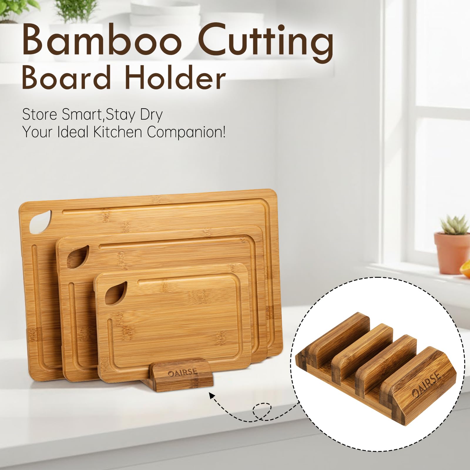 Tabla de cortar de bambú para cocina, 3 paquetes de tablas de cortar grandes con ranuras para jugo y soporte, juego de tablas de cortar de cocina con soporte, tabla de cortar de bambú para carne