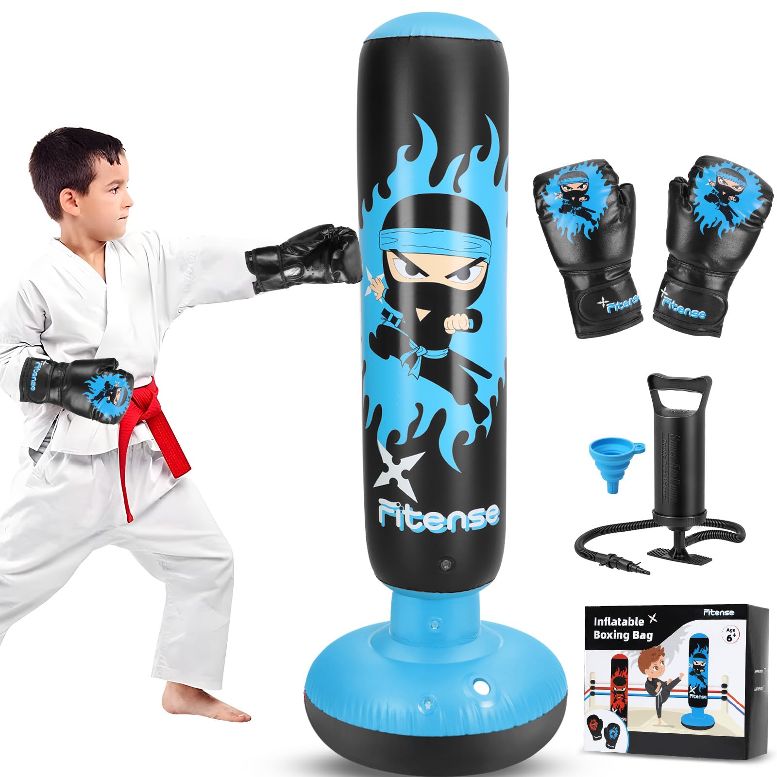 Fitense Saco de Boxeo Niños, 160cm Boxeo Saco Inflable con Guantes y Bomba, Punching Ball Estable para 3-12 Años, Set Regalo Saco de Boxeo de Pie para Práctica de Karate, Taekwondo, MMA,Ninja Azul