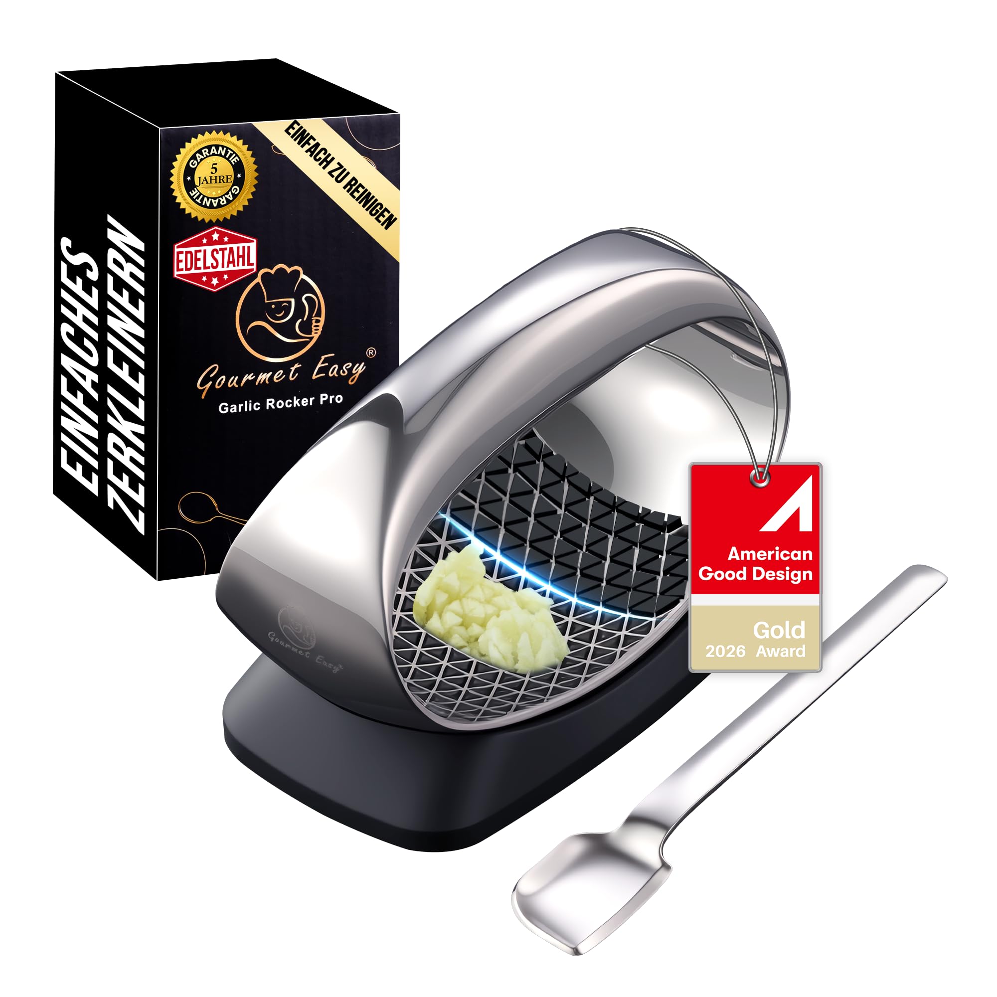 Knoblauchpresse Wippe | Pressen statt zerquetschen mit geringem Kraftaufwand | Knoblauchpresse Edelstahl mit scharfer Klinge | Robuste & Langlebige Garlic Press