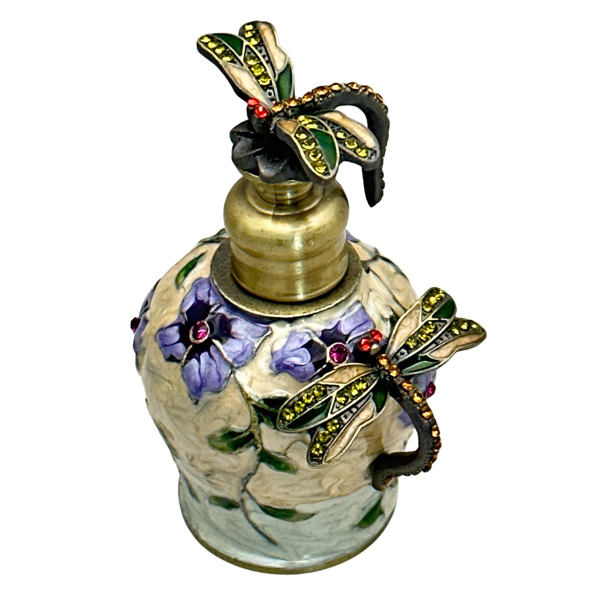 Dragonfly Perfume Bottle, 6 ml - Ornate 3-D Enameled Design w/Rhinestones, 3 in Tall - Small Fancy Empty Bottle for Scents, Fragrances or Essential Oils, Vintage Decorative Glass Décor