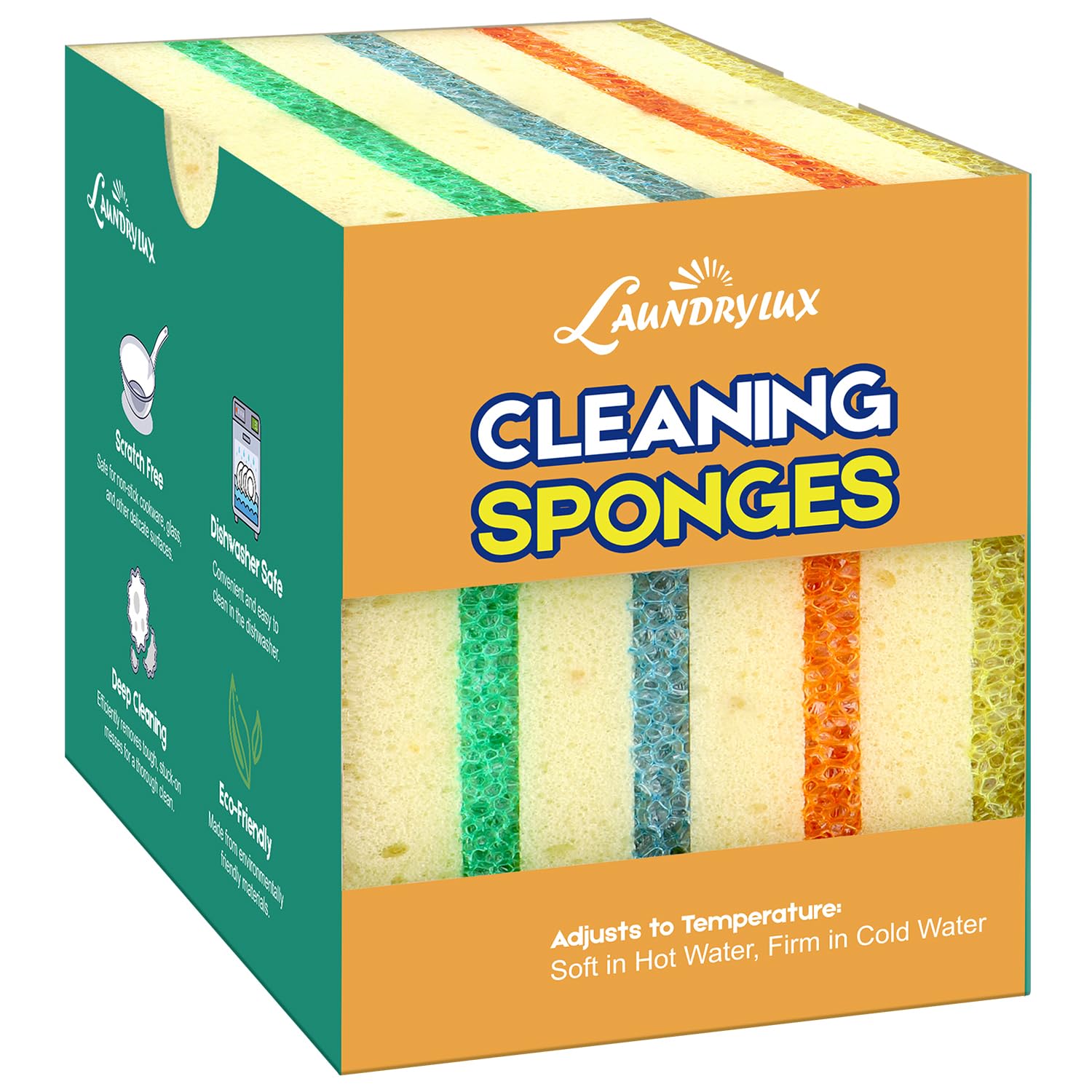 LAUNDRYLUX Scrub Sponge, Dual-Sided Temperature-Responsive Scrubber | Non-Scratch - Multipurpose Dish Sponges for Kitchens, Bathrooms, and Outdoor Use - 8 Pack