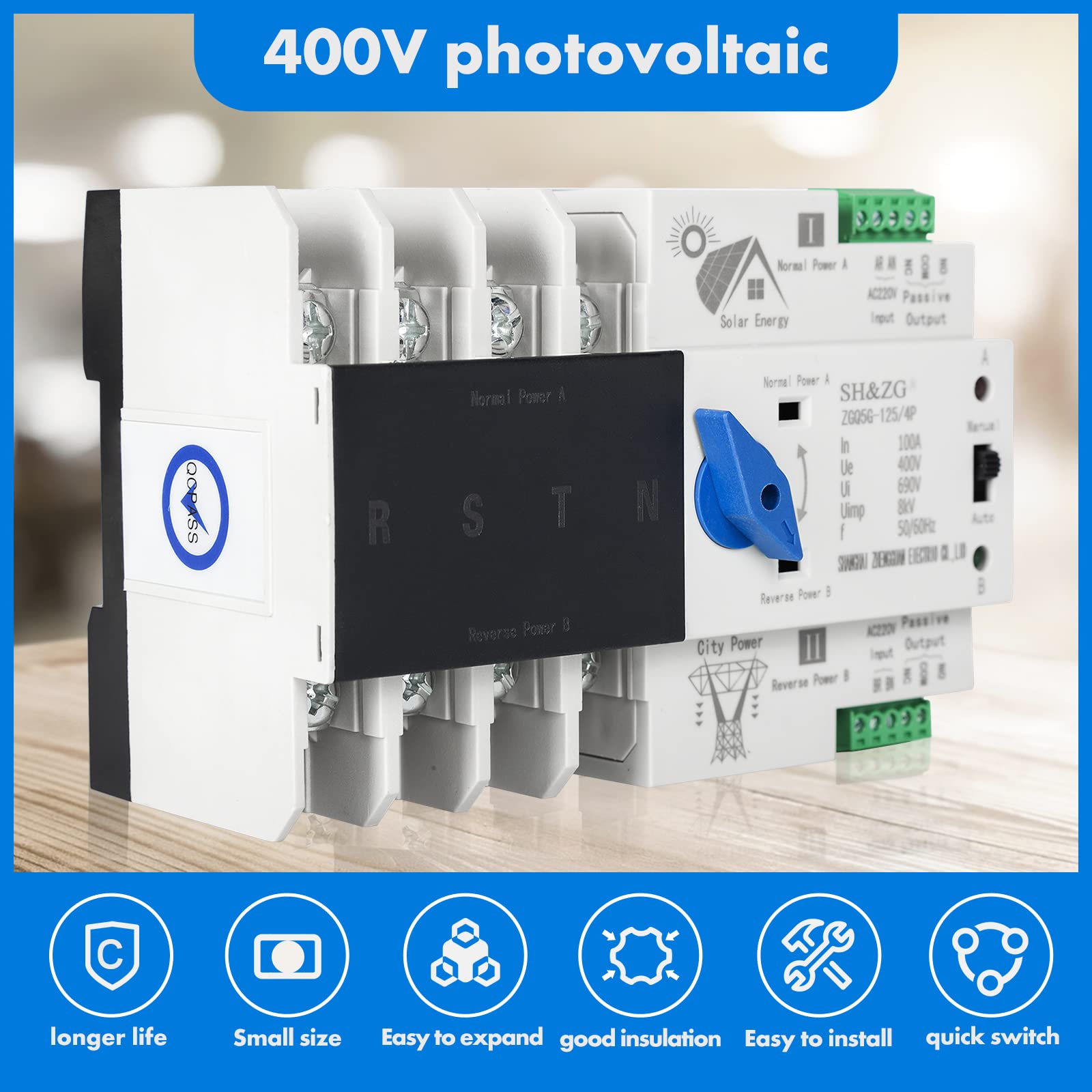 DEWIN Interruttore di trasferimento,4P 100A ATS Fotovoltaico Interruttore di trasferimento Automatico a Doppia Alimentazione Interruttore di Continuità Fotovoltaico 220V
