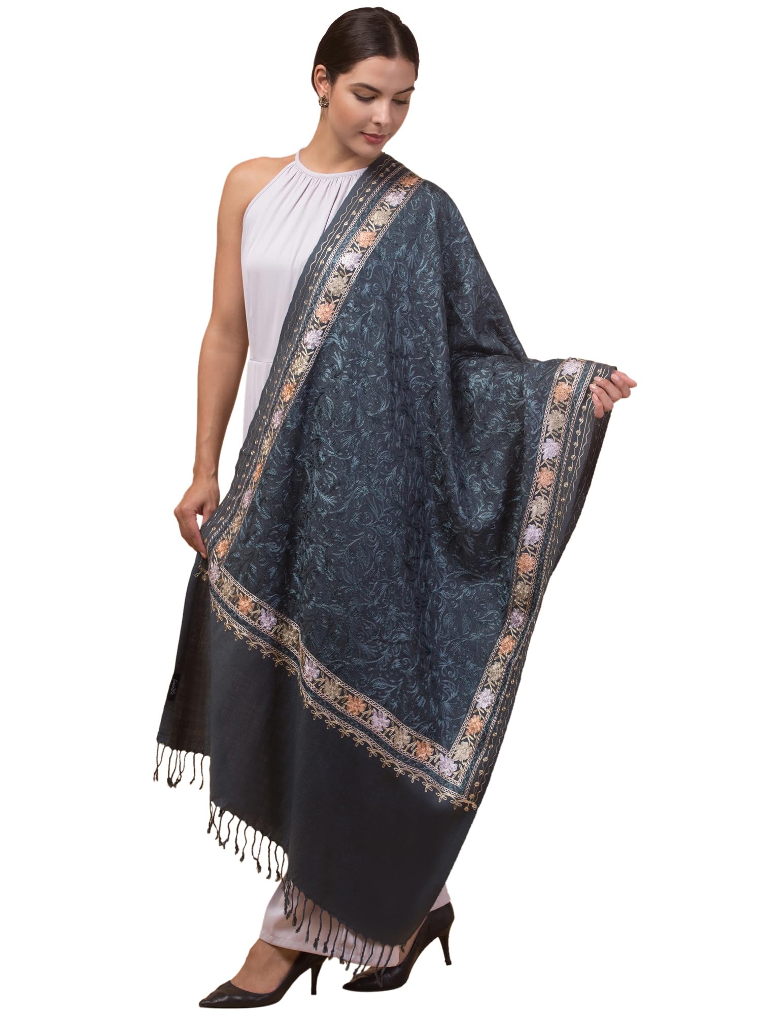 tweedle Women's Woolen kashmiri Shawl/Stole/Wrap for Winters in Heavy Aari Embroidery - Grey (Size-28x80)-picture-43
