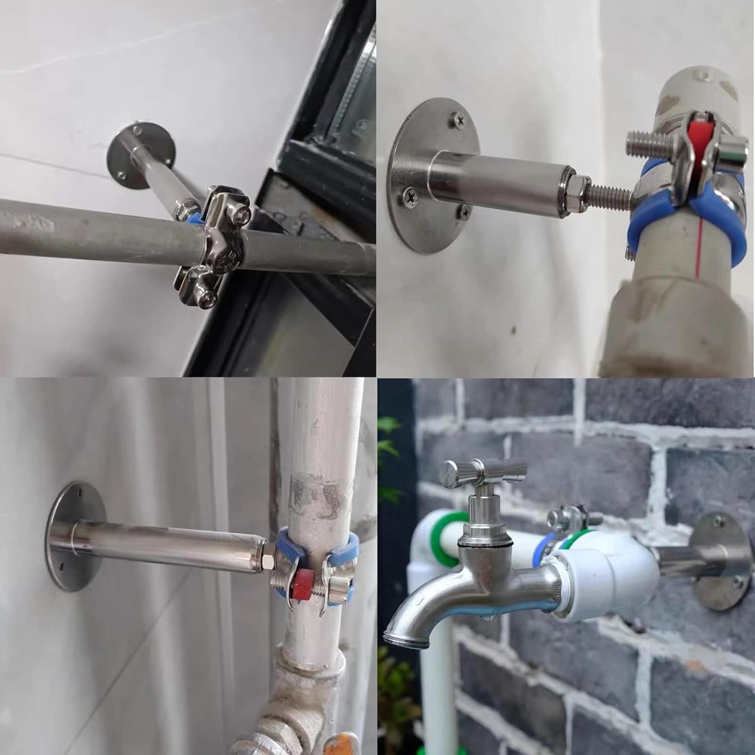 2 pack stainless steel wall mount ceiling mount pipe supports, adjustable pipe strap bracket clamp with screws for pipe 38-40mm 1-1/4" adjustable height 110-145mm 1-1/4" 38-40mm