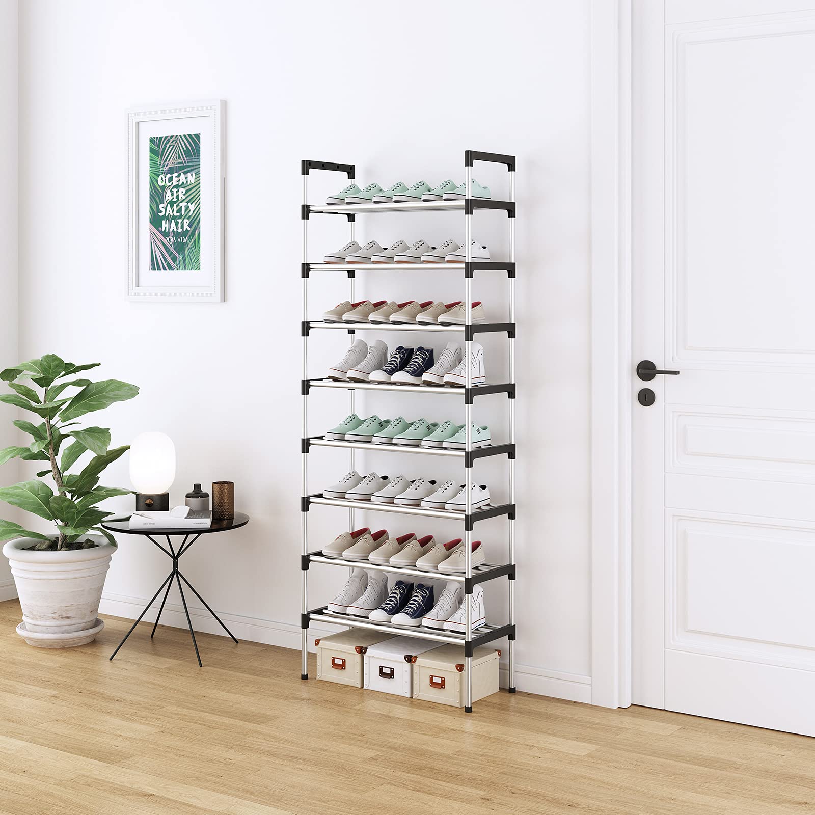 S-506 Scarpiera a 8 Ripiani, Scaffale Portascarpe, Organizzatore per Scarpe per 16-24 Paia di Scarpe, 30 x 56 x 140 cm, 16mm Addensare Extra Pipa, Corridoio, Camera da Letto (Argento)