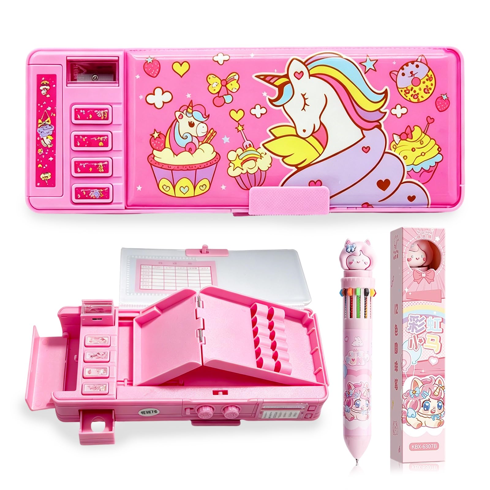 Pop Up Multifunction Unicorn Pencil Case with Password Lock for GirlsBoys, Kawaii Pen Box Organiser Stationery Set Includes 12-in-1 ColourChanging Ballpoint Pen 0.7mm Tip for School Teens Adults Pink