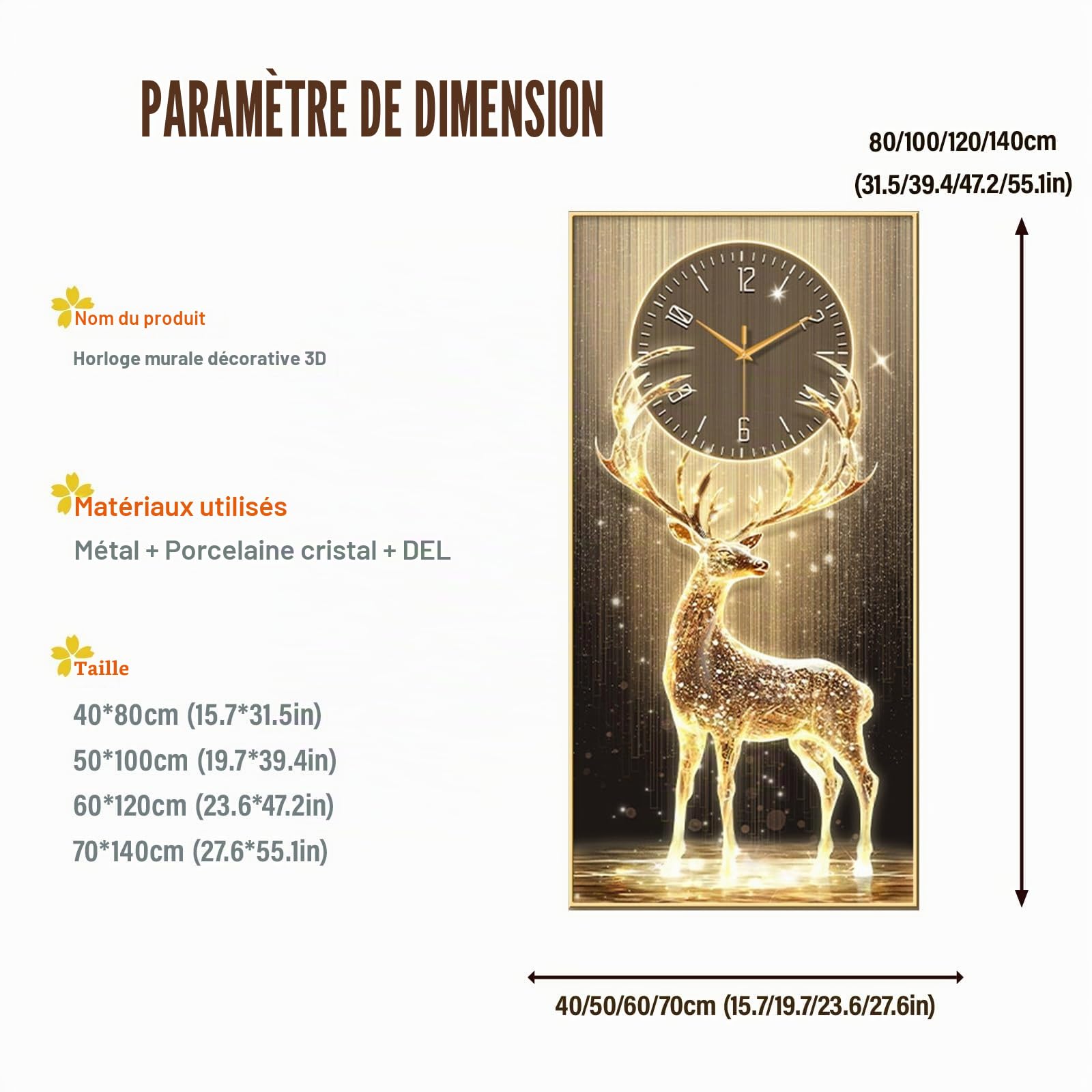 Horloge Murale Design Moderne, Décoration Murale 3D avec Lumière LED, Mécanisme Quartz Silencieux, Design Antlers, pour Chambre, Maison, Cuisine, Chambre, Bureau, École