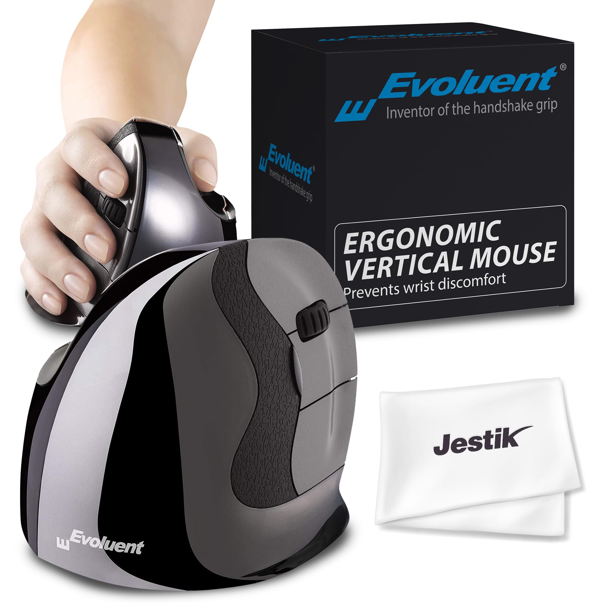 Evoluent VMDSW Mouse verticale D piccolo mouse ergonomico per mano destra con ricevitore USB wireless e panno in microfibra Jestik - Value Bundle