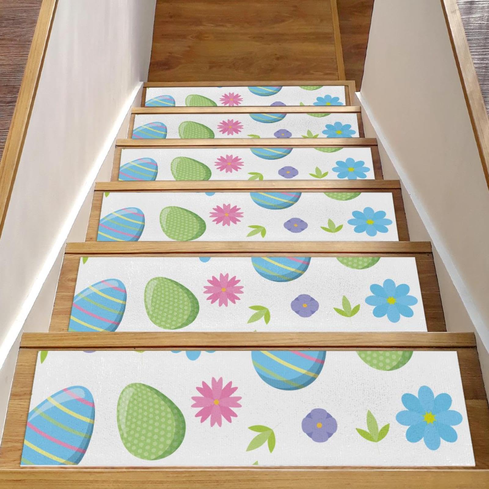 Alfombra antideslizante para escaleras de madera con rayas y flores de Pascua en pack de 15