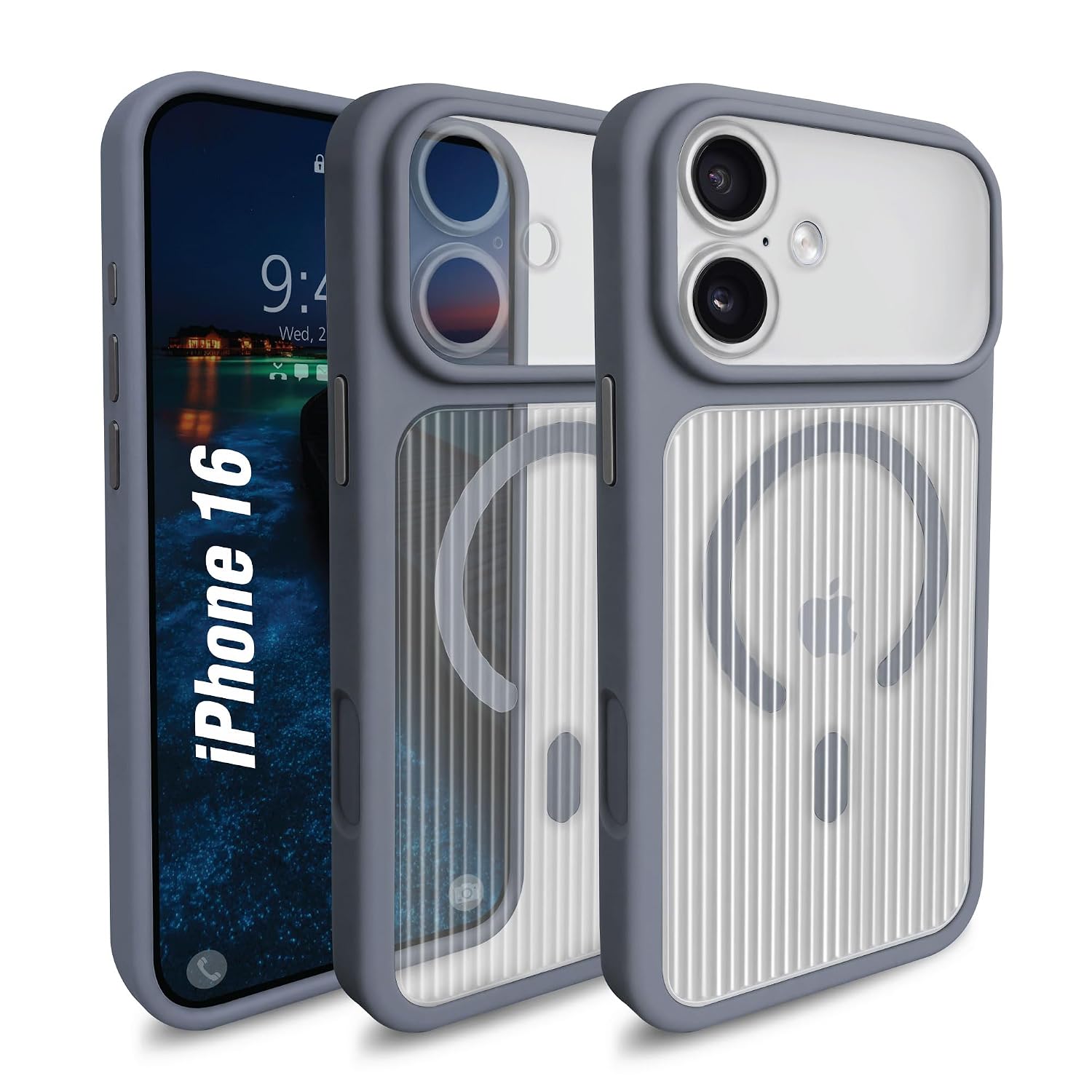AIBEX Protective Corrugated-Pattern Case Compatible for Apple iPhone 16 MagSafe Compatible | Slim Shockproof Back Cover with Camera Lens Protection, Strong Magnetic Support – Grey