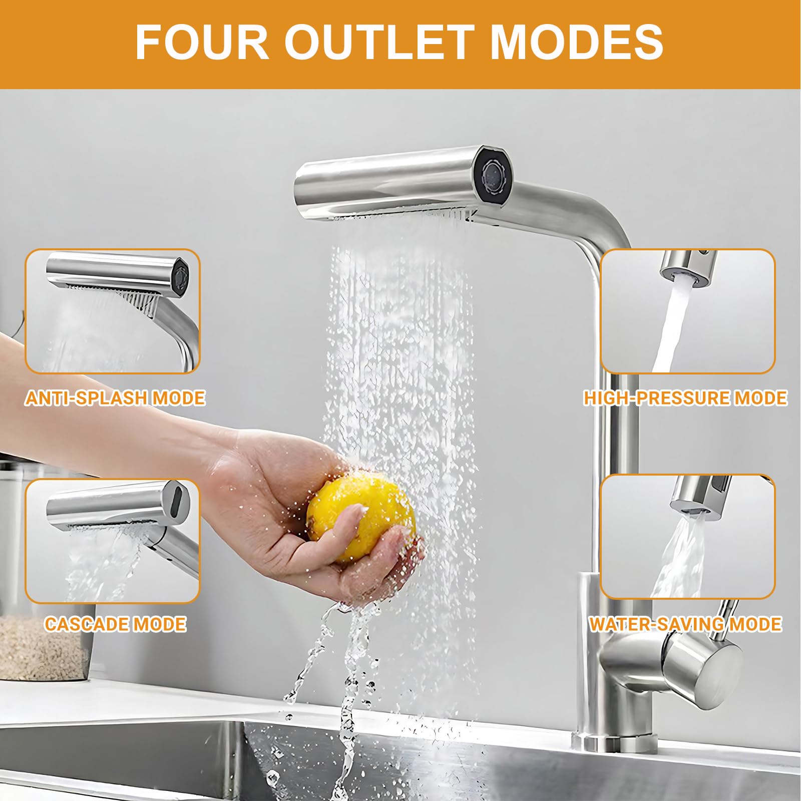 Grifo de Cocina con Cascada, Grifo Giratorio de Acero Inoxidable con 4 Modos de Chorro Boquilla ExtraíBle y Mezclador Monomando para Cocinas Moderna