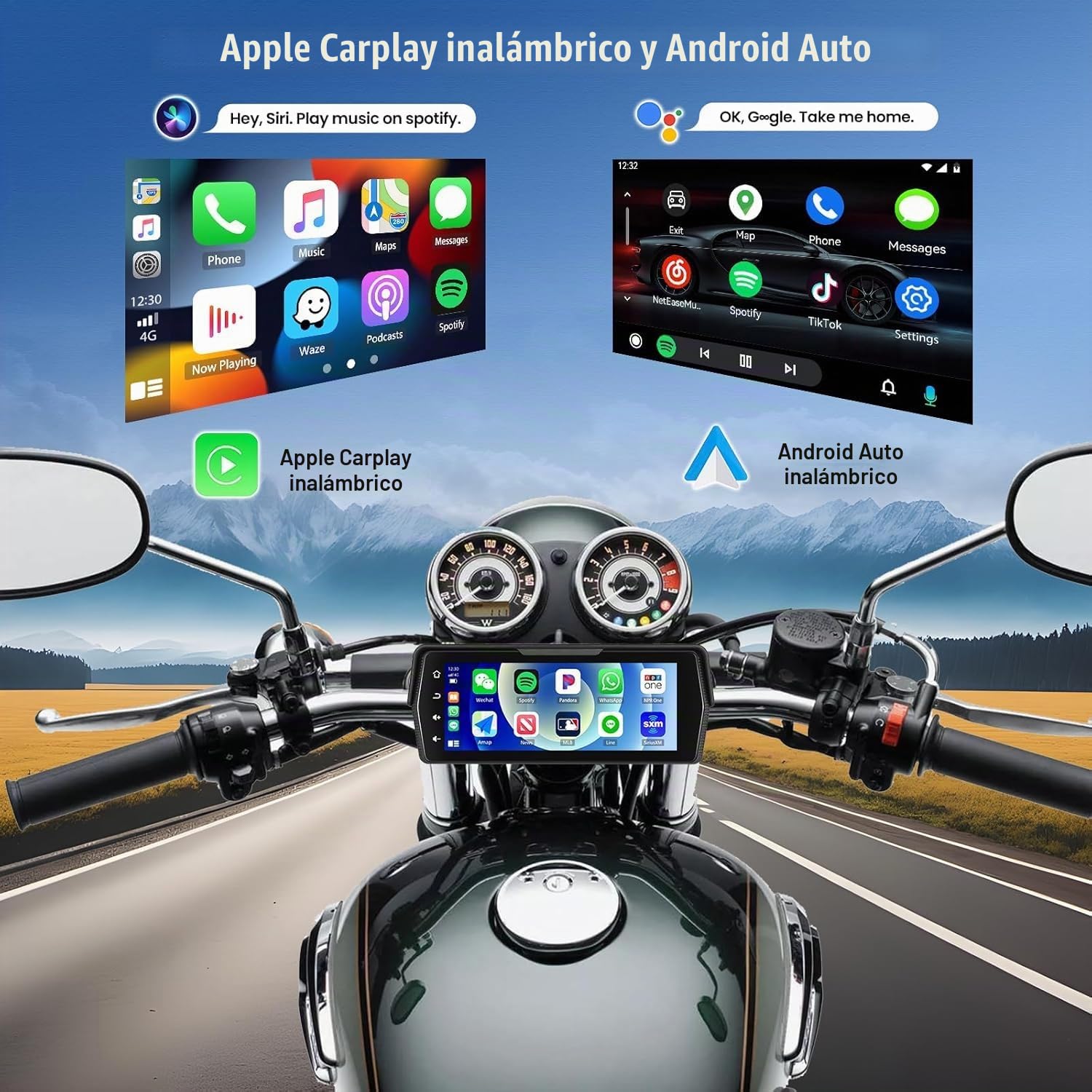 [Nuevo 2026] CAMECHO Moto Wireless CarPlay y Android Auto Inalámbrico, Pantalla 5" HD IP68 Impermeablepara Motocicletas con navegación/Bluetooth/EQ/detección de presión